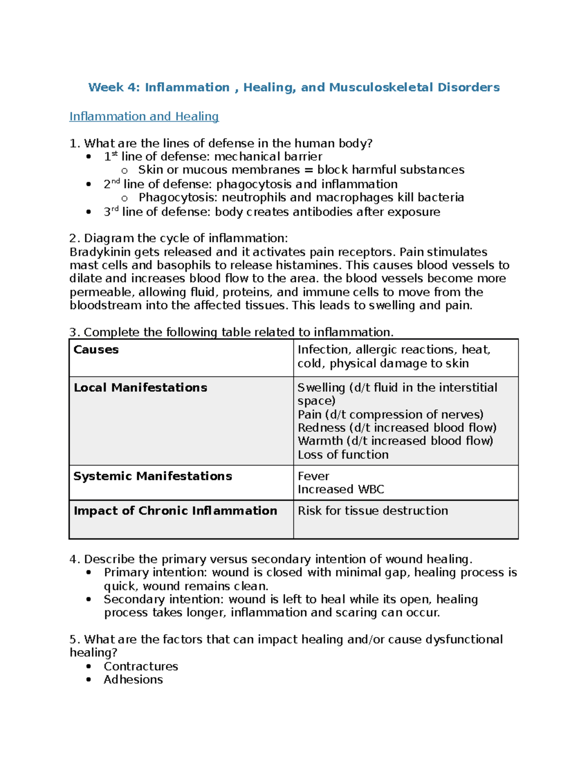 Week 4 guided notes - Week 4: Inflammation , Healing, and ...