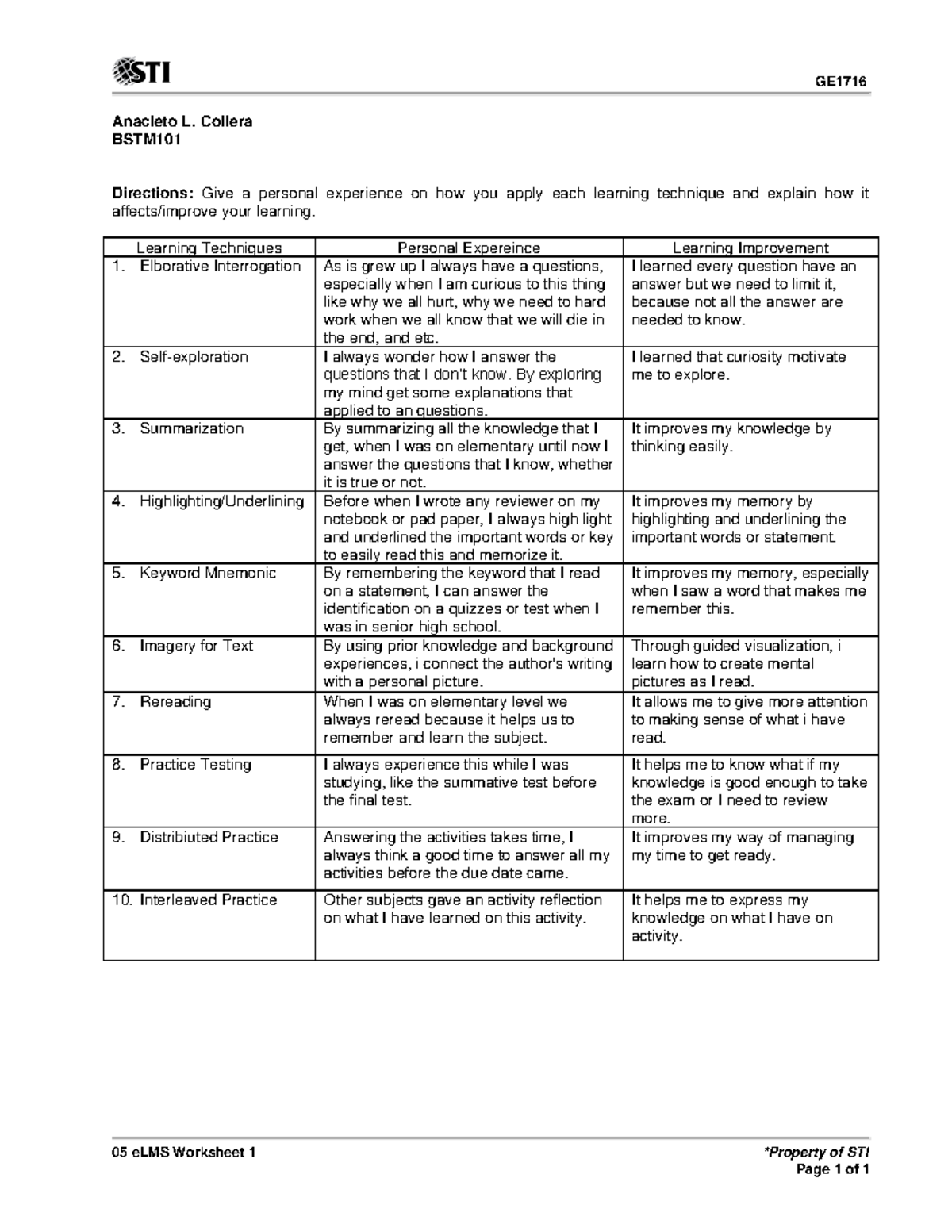 Understanding the Self subject - GE 05 eLMS Worksheet 1 *Property of ...