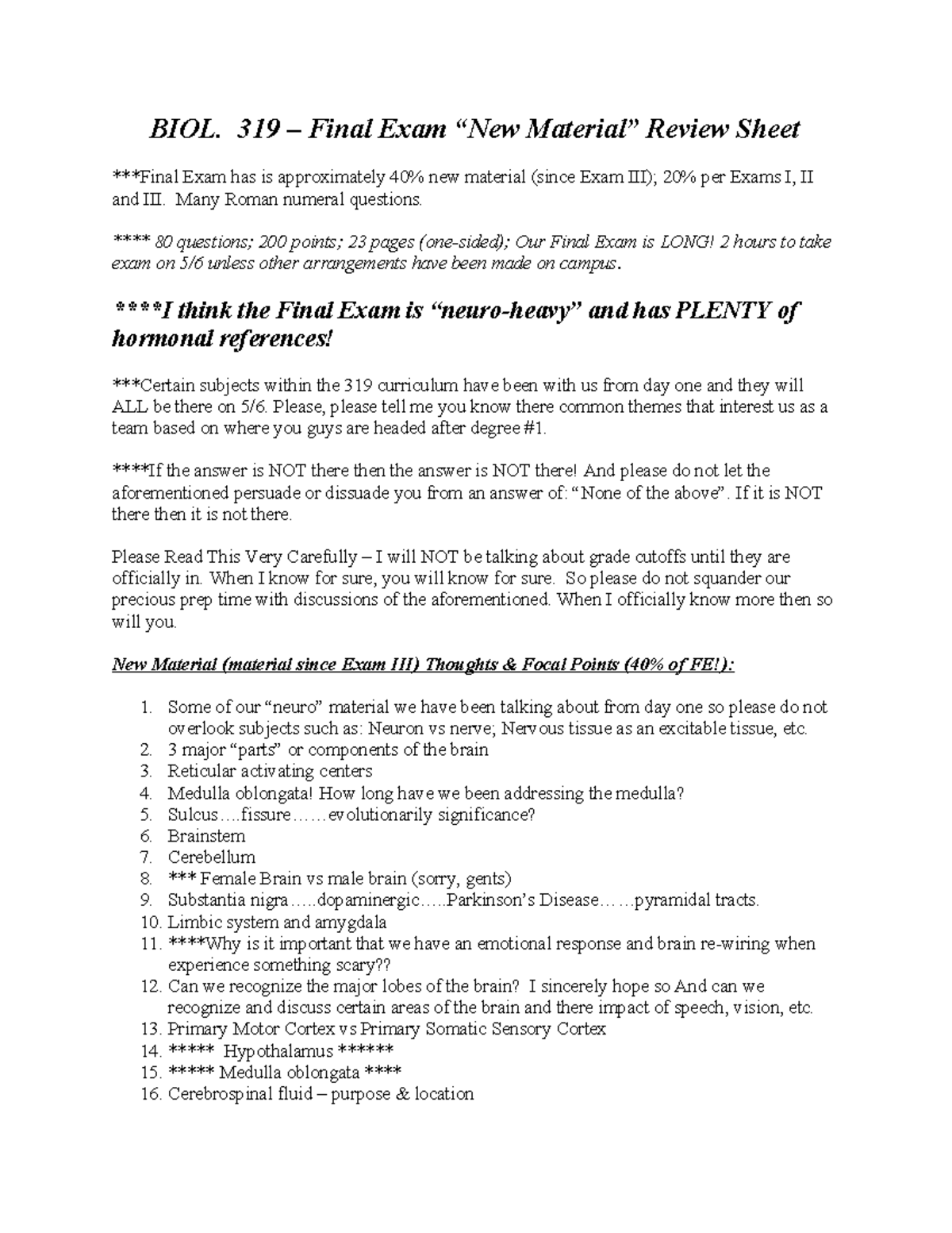 BIOL 319 Final Exam New Material Review Sheet - Final on May 6th - BIOL ...