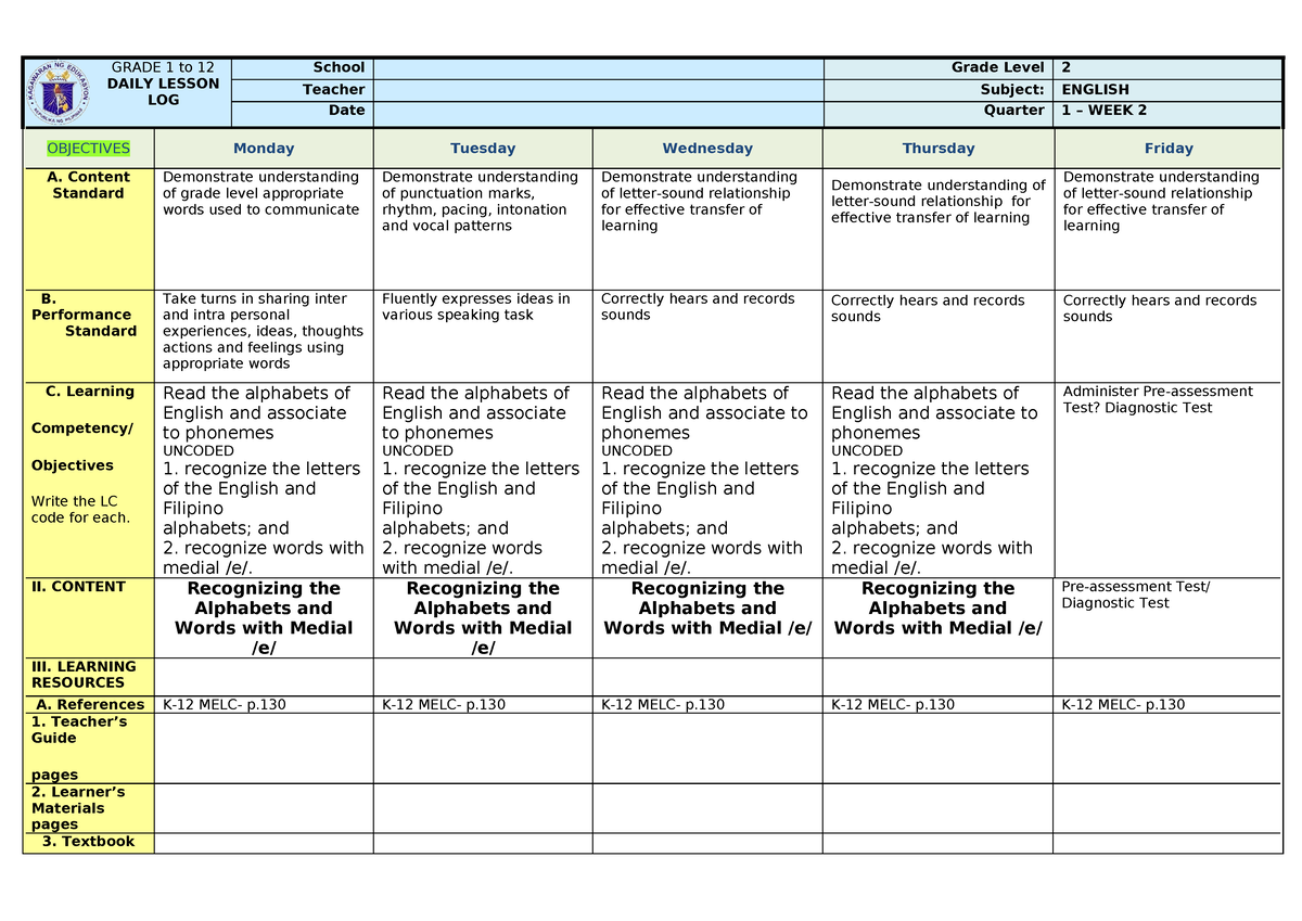 WEEK2-dll- English - your welcome - GRADE 1 to 12 DAILY LESSON LOG ...