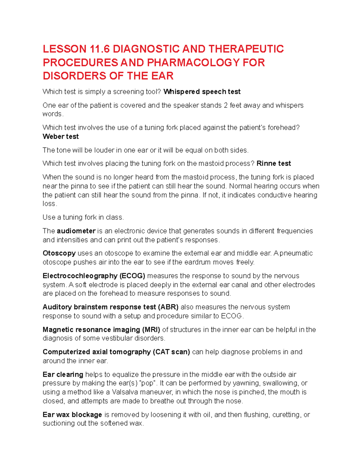 Lesson 11.6 Diagnostic AND Therapeutic Procedures AND Pharmacology FOR