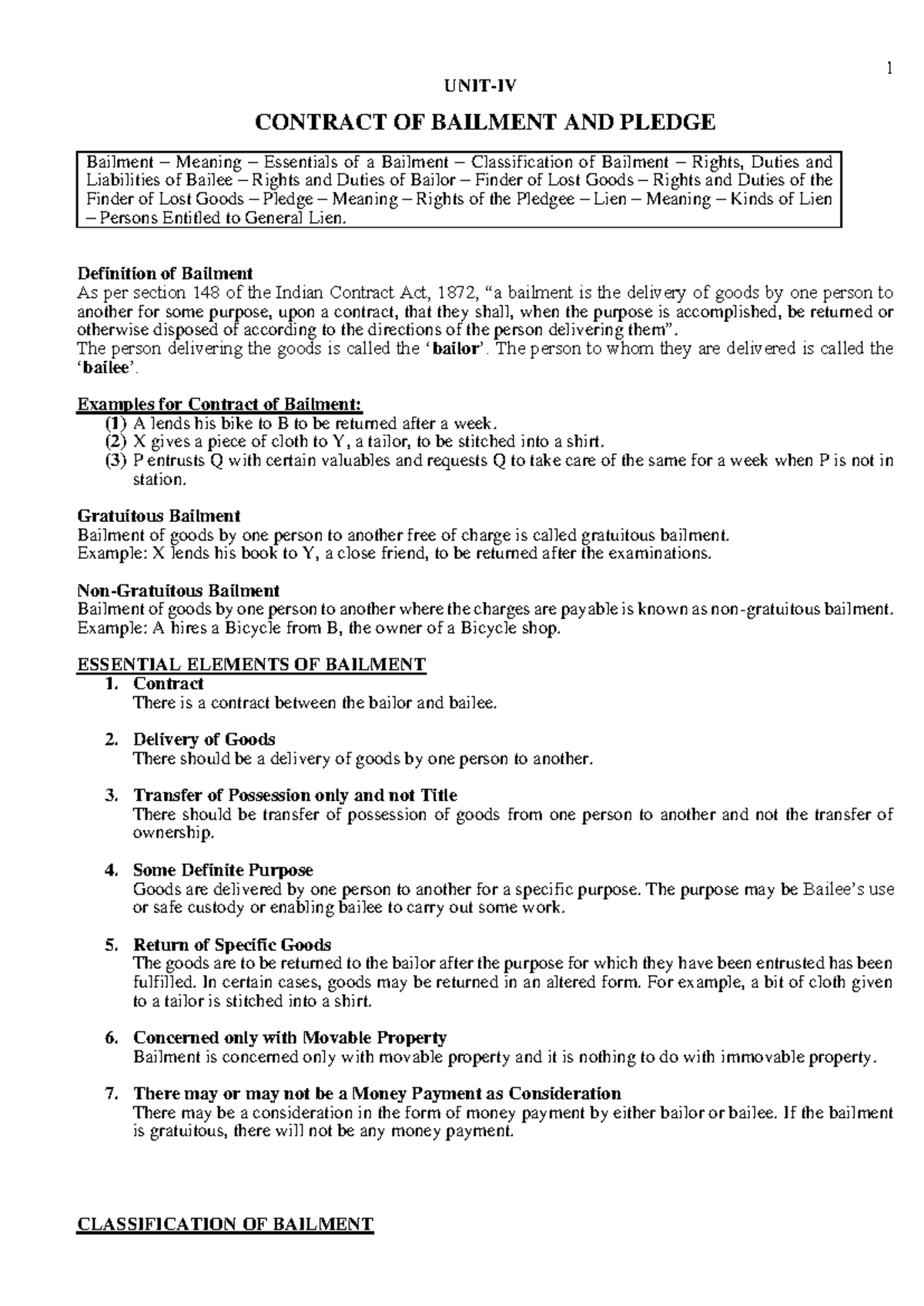 UnitIV Bailment and Pledge UNITIV CONTRACT OF BAILMENT AND PLEDGE