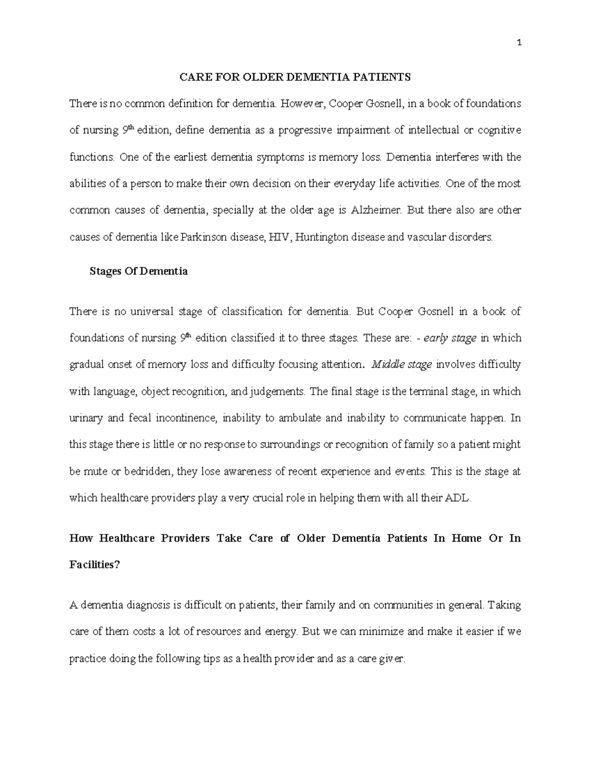 Printed aassignment - assignment - 1 CARE FOR OLDER DEMENTIA PATIENTS ...