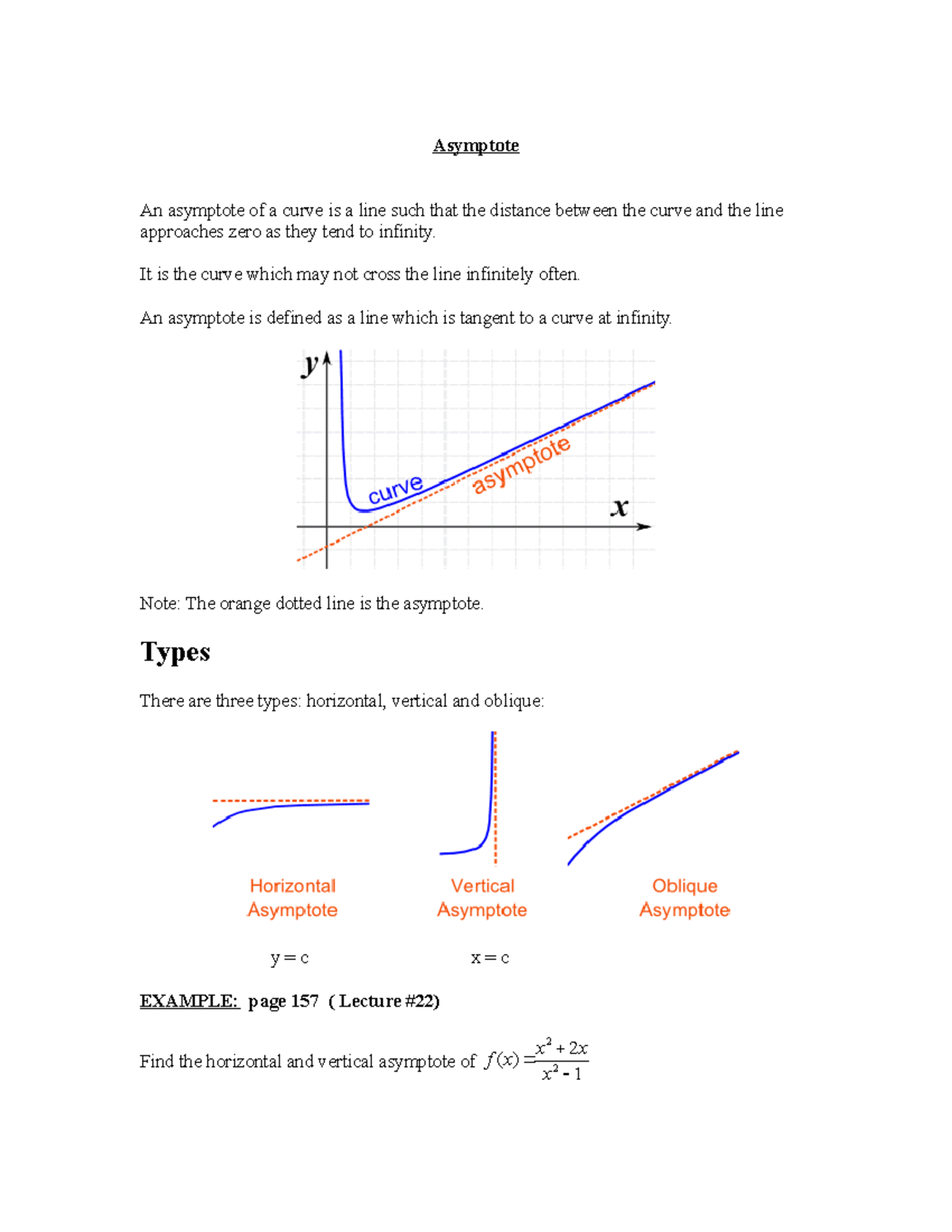 Asymptote - mth101 solution notes - Asymptote An asymptote of a curve ...