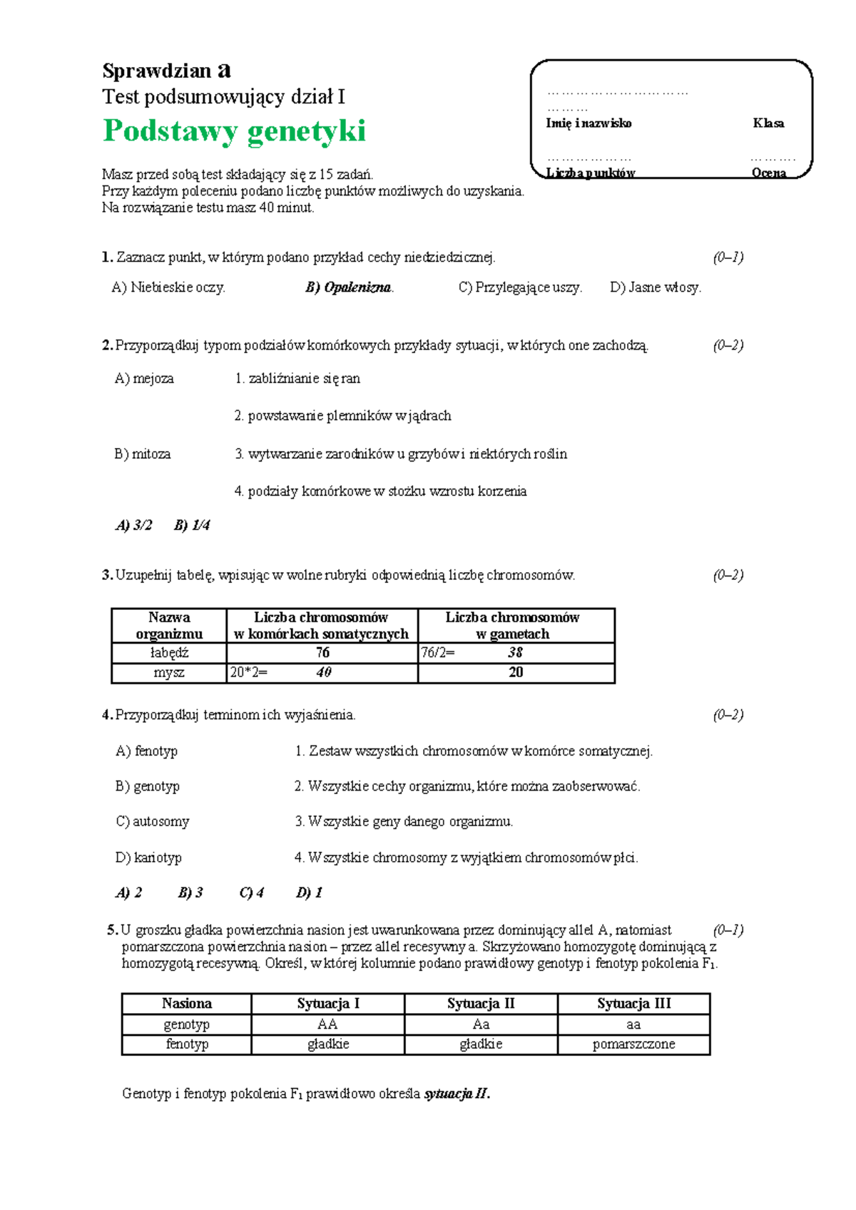 Podstawy Genetyki - Sprawdzian A Test Podsumowujący Dział I Podstawy ...