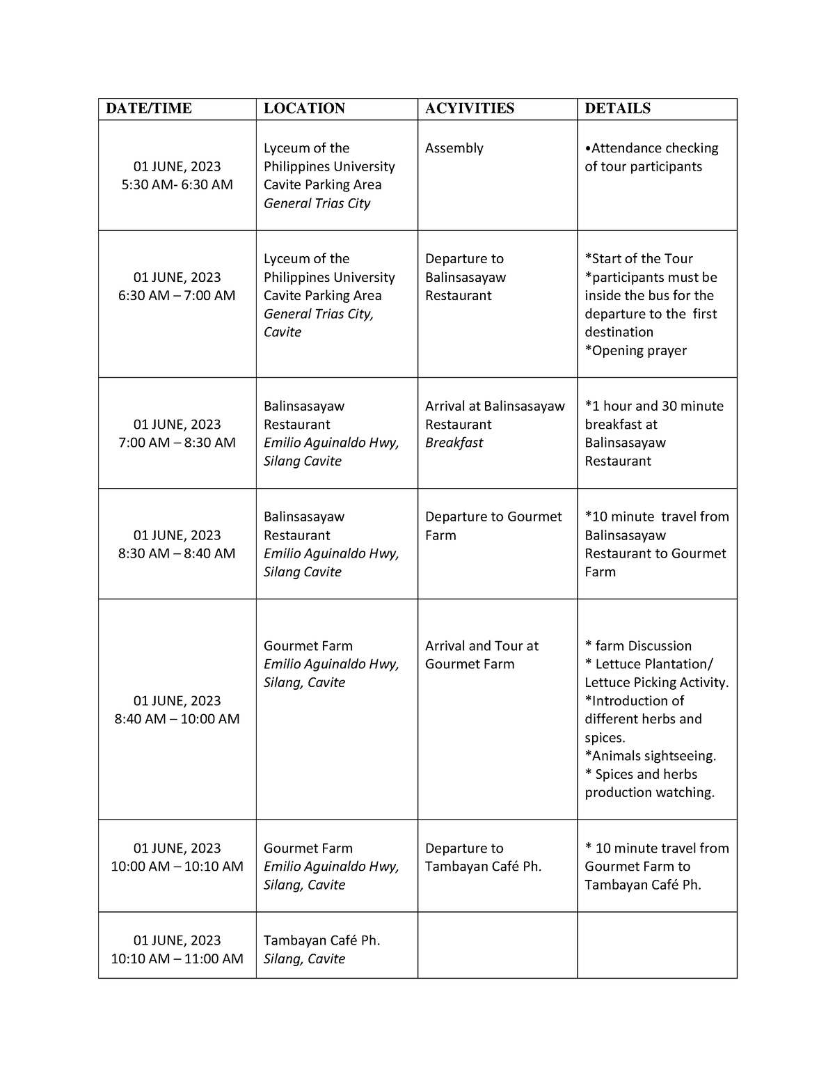 Technical A - TTM304 - Review - DATE/TIME LOCATION ACYIVITIES DETAILS ...