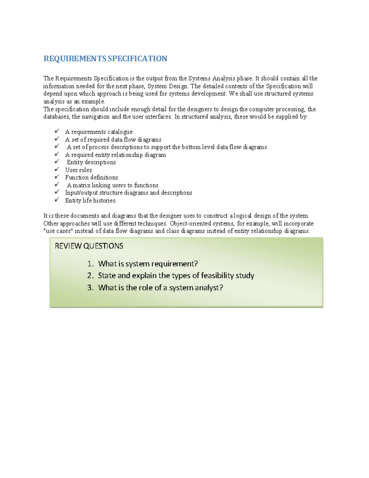Requirements specifications and system design - REVIEW QUESTIONS 1 ...