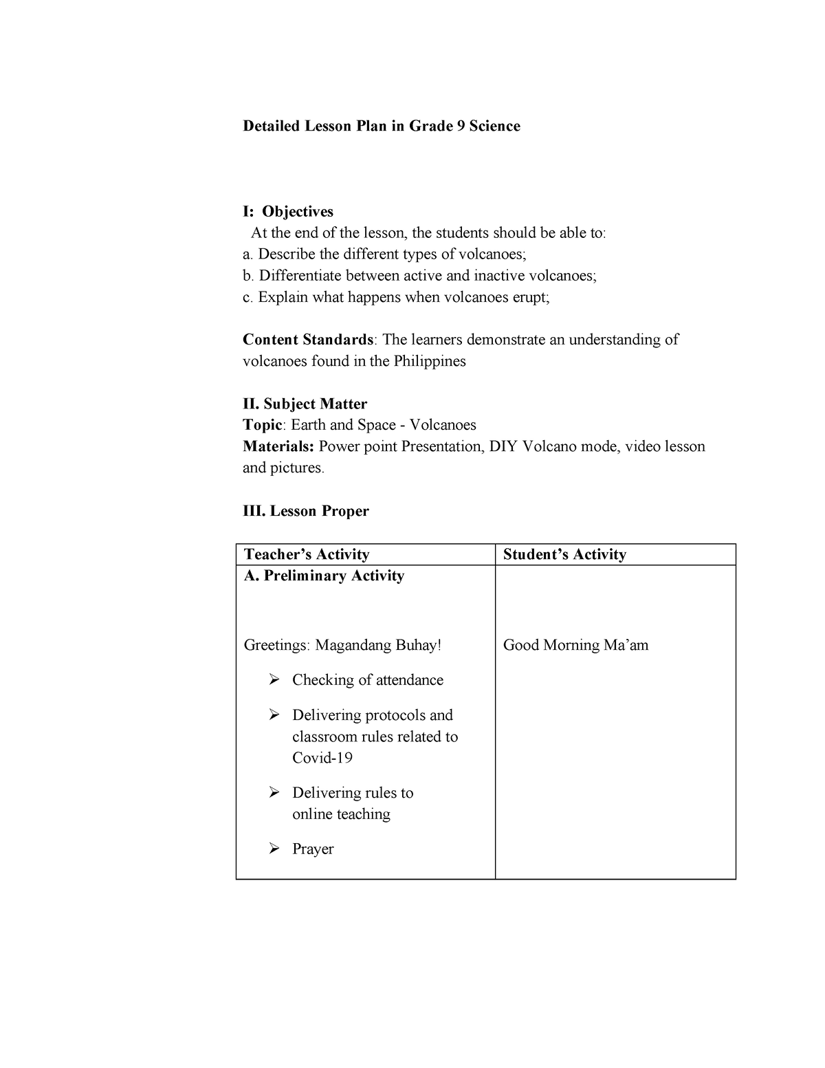 Earth and Space - Volcanoes - Detailed Lesson Plan in Grade 9 Science I ...