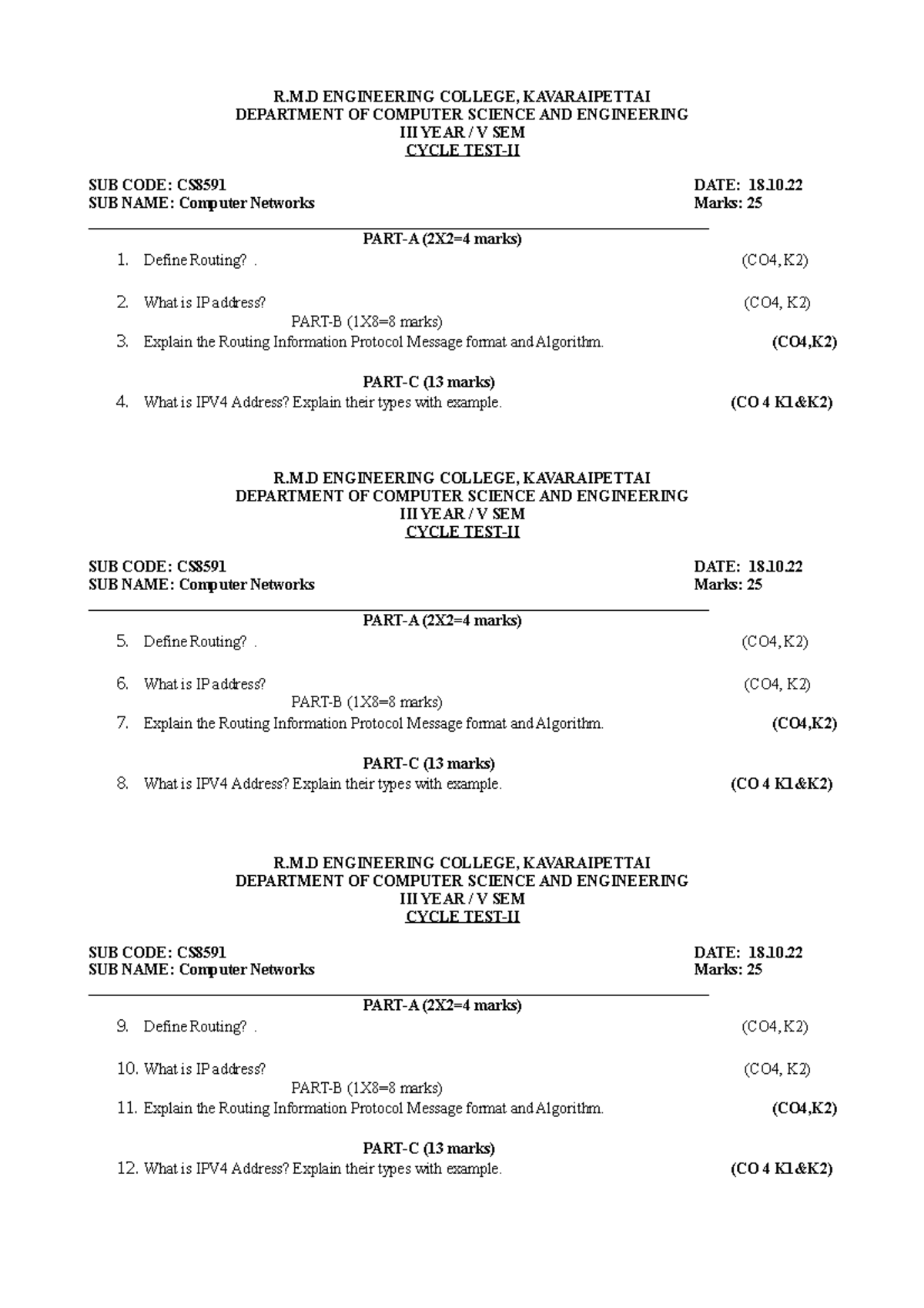 CS8591 Computer Networks Question Paper -cycle Test 2 - R.M ENGINEERING ...