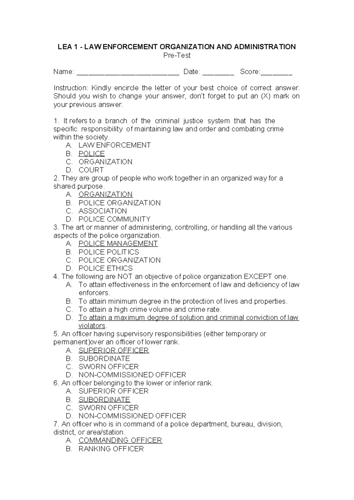 PRE TEST - LEA 1 - POLICE ORGANIZATION AND ADMINISTRATION - LEA 1 - LAW ...