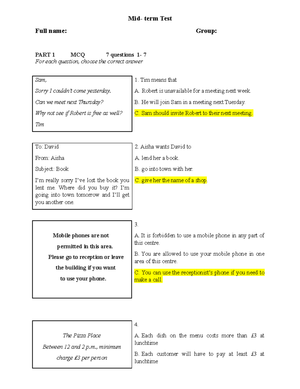 Bai tap tieng anh - Mid- term Test Full name: Group: PART 1 MCQ 7 ...