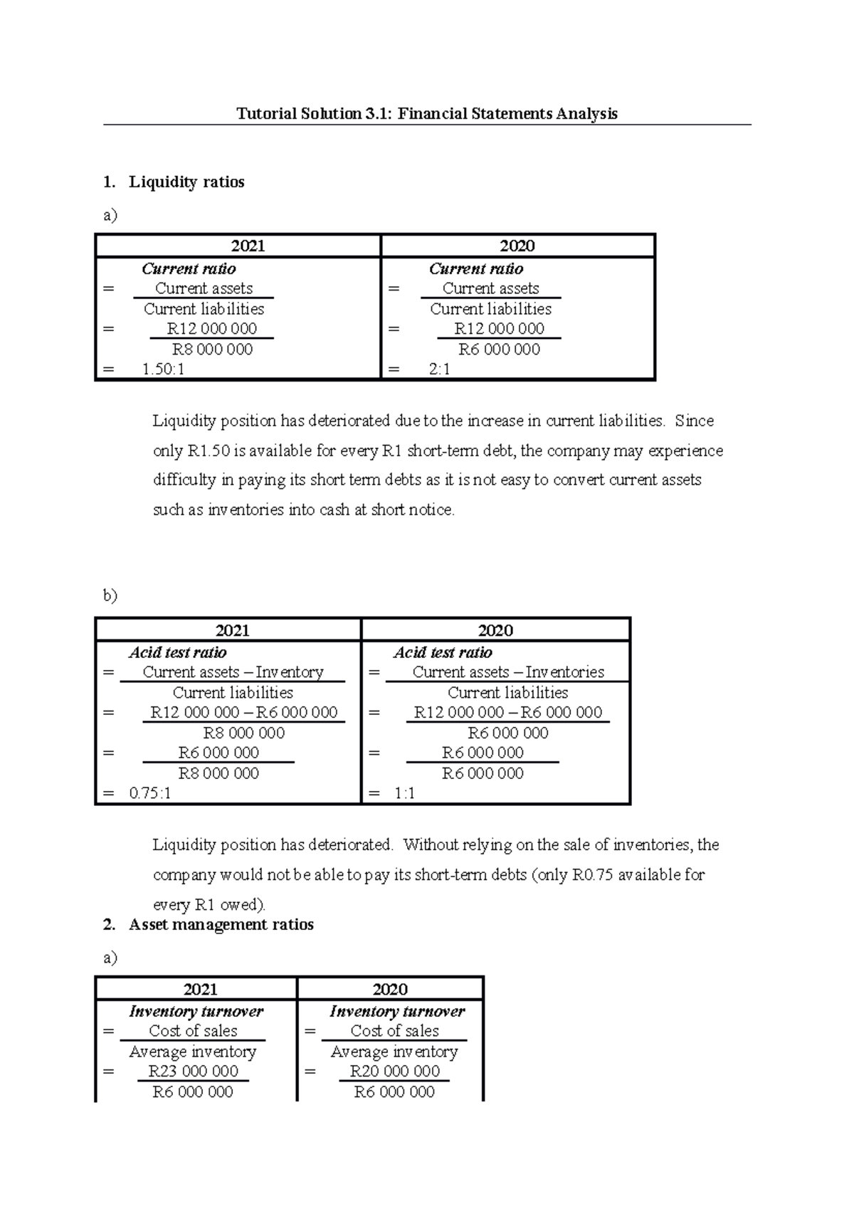 Tutorial Solution 3.1 - Financial Statements Analysis - Since only R1 ...