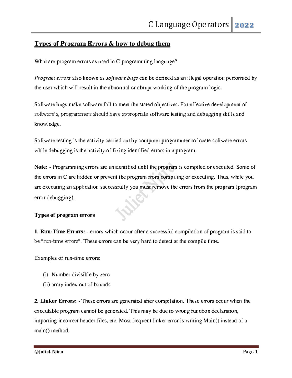 C Programming Language Operators - Types of Program Errors & how to ...