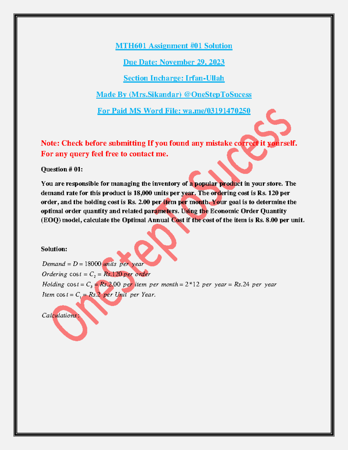 Mth601#1 (Irfan Ullah)By One Step To Sucess - MTH601 Assignment #01 ...