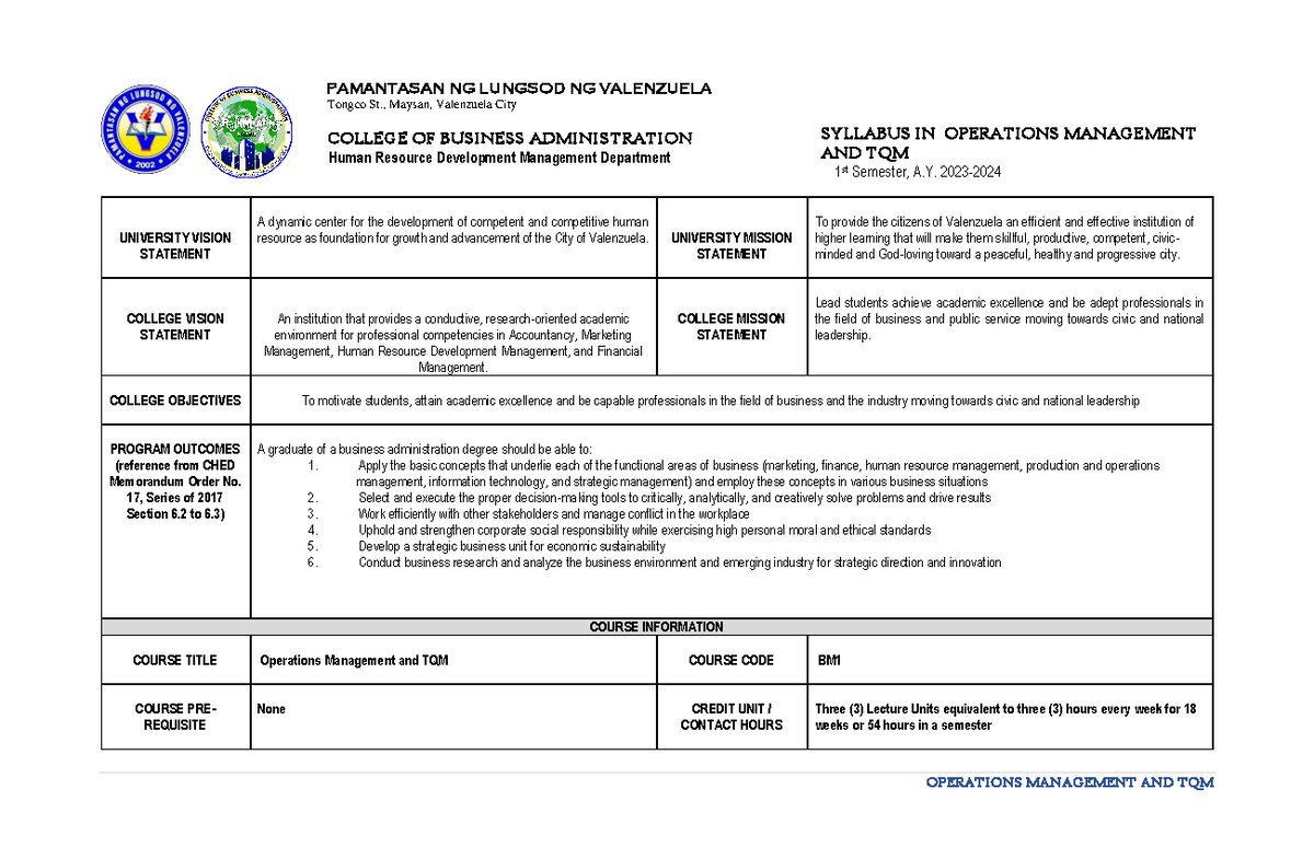 BM 2 Operations Management and TQM - UNIVERSITY VISION STATEMENT A ...