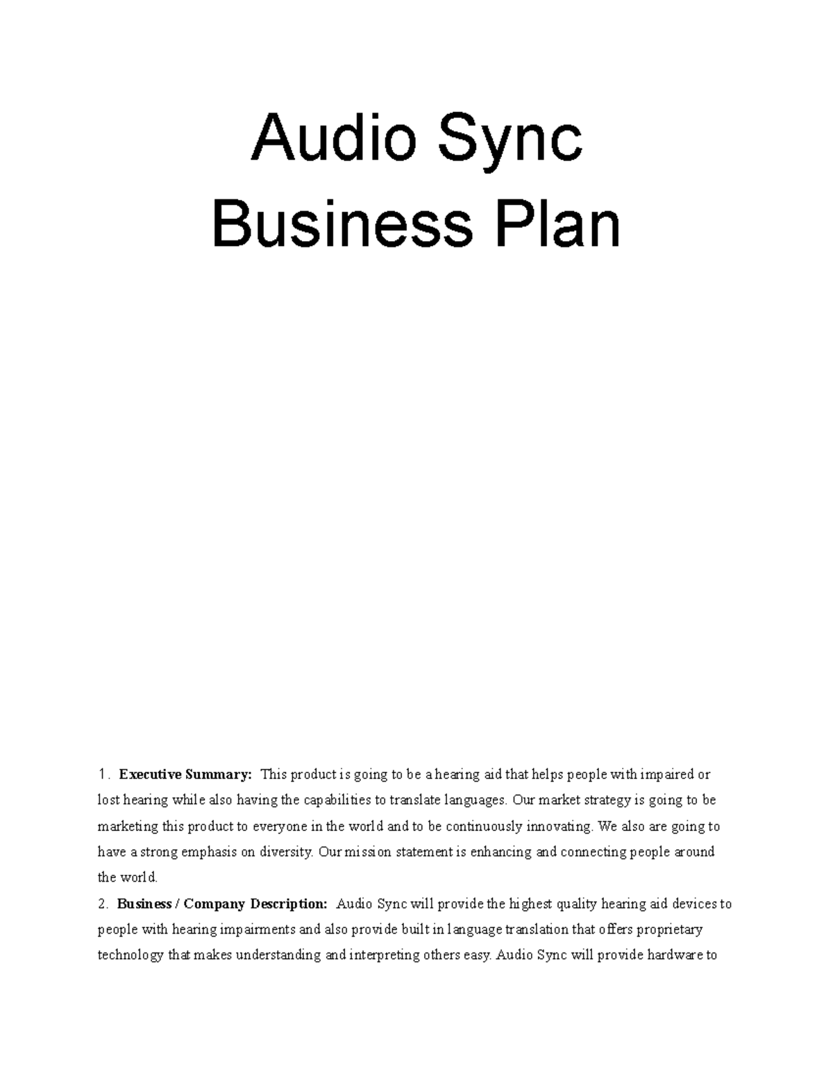MGT 462 LARP - MGT 462 LARP - Audio Sync Business Plan 1. Executive ...