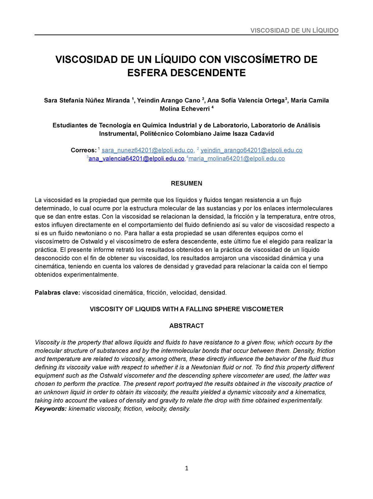 Informe De Viscosidad Procesos Industriales - VISCOSIDAD DE UN LÍQUIDO ...