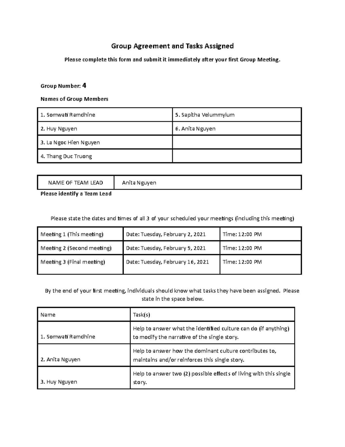 Cultural Psyc-Group#4 Form - Group Agreement and Tasks Assigned Please ...