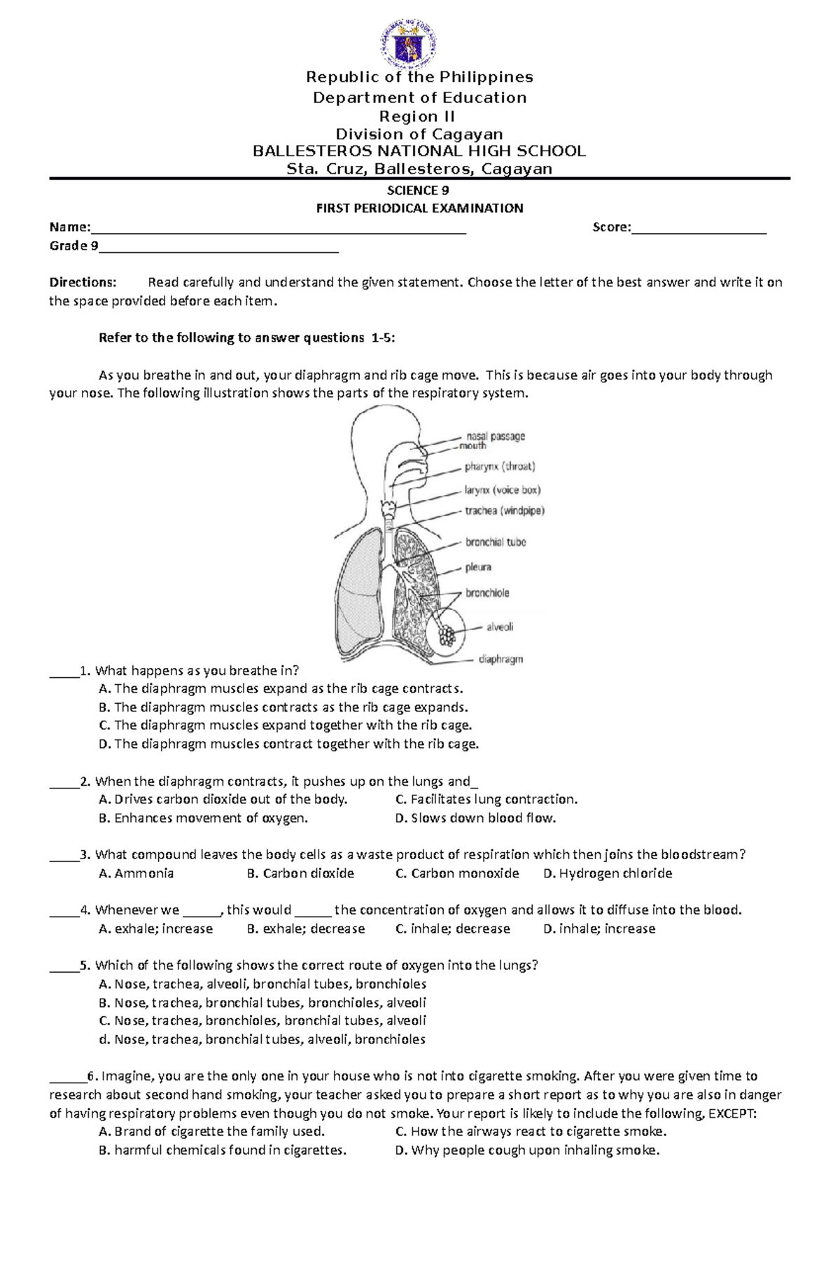 Grade 9 Sample TEST Items, Ballesteros NHS DE Austria, Evelyn B ...