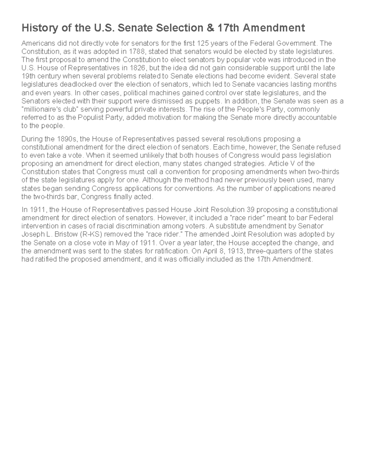 History of the U - key - History of the U. Senate Selection & 17th ...