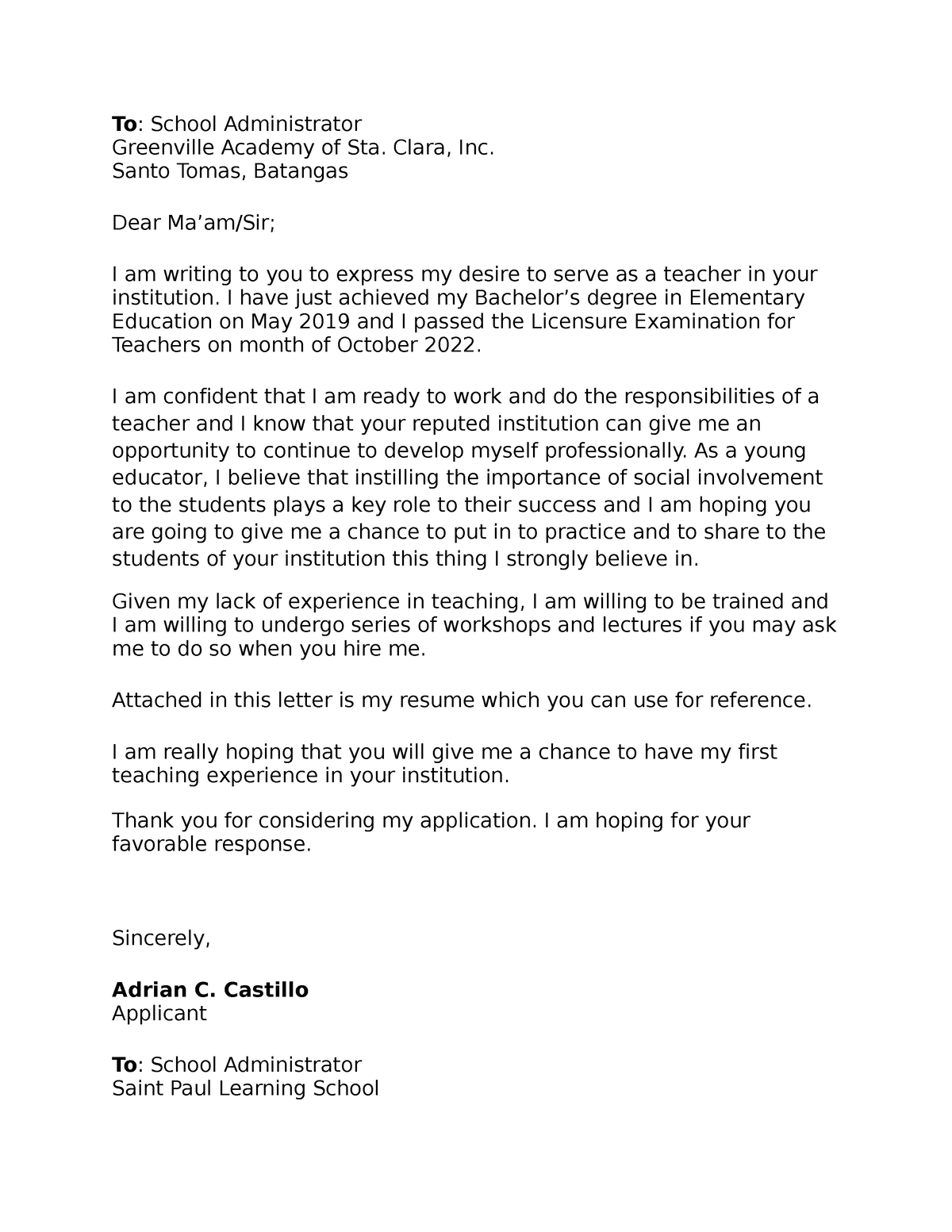 Application Letter - An example - To: School Administrator Greenville ...