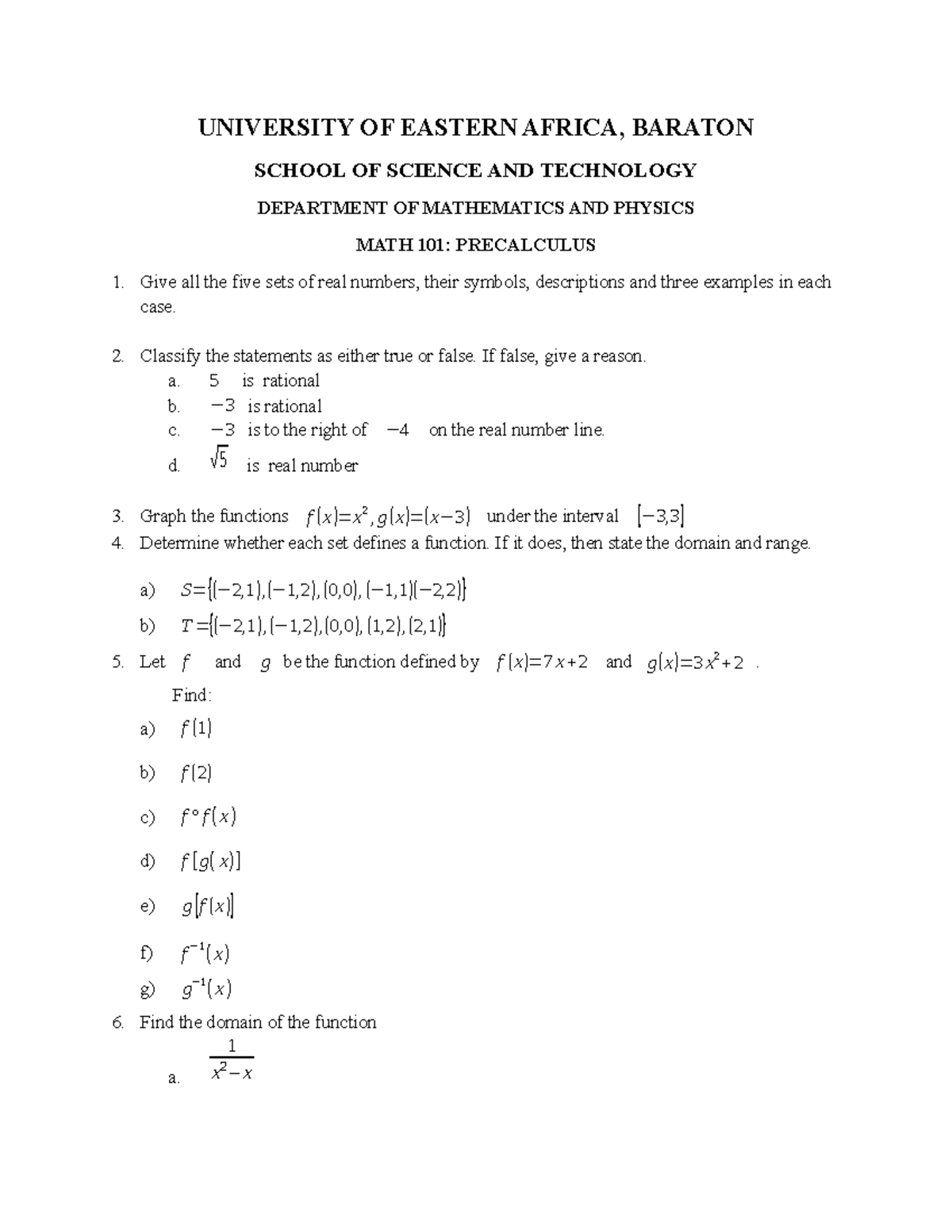 MATH 101 Assigment ONE - ITS A PRECALCULUS ASSIGNMENT ON FUNCTIONS ...