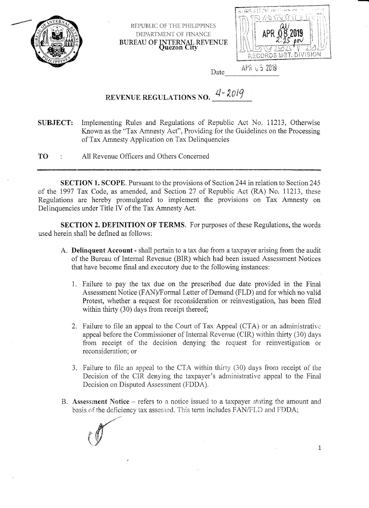 RR No 4 2019 Tax Amnesty Act - REPUBI,IC OF HE PI{ILIPPINES DEPARI-N{Er ...