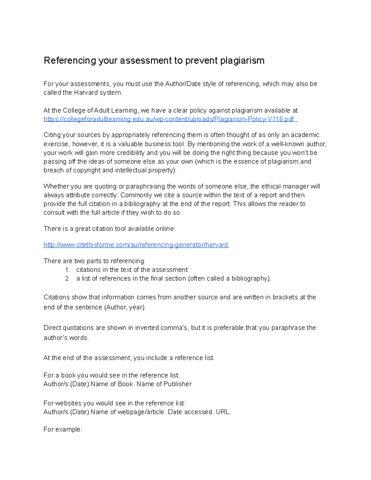 Referencing your assessment to prevent plagiarism - At the College of ...
