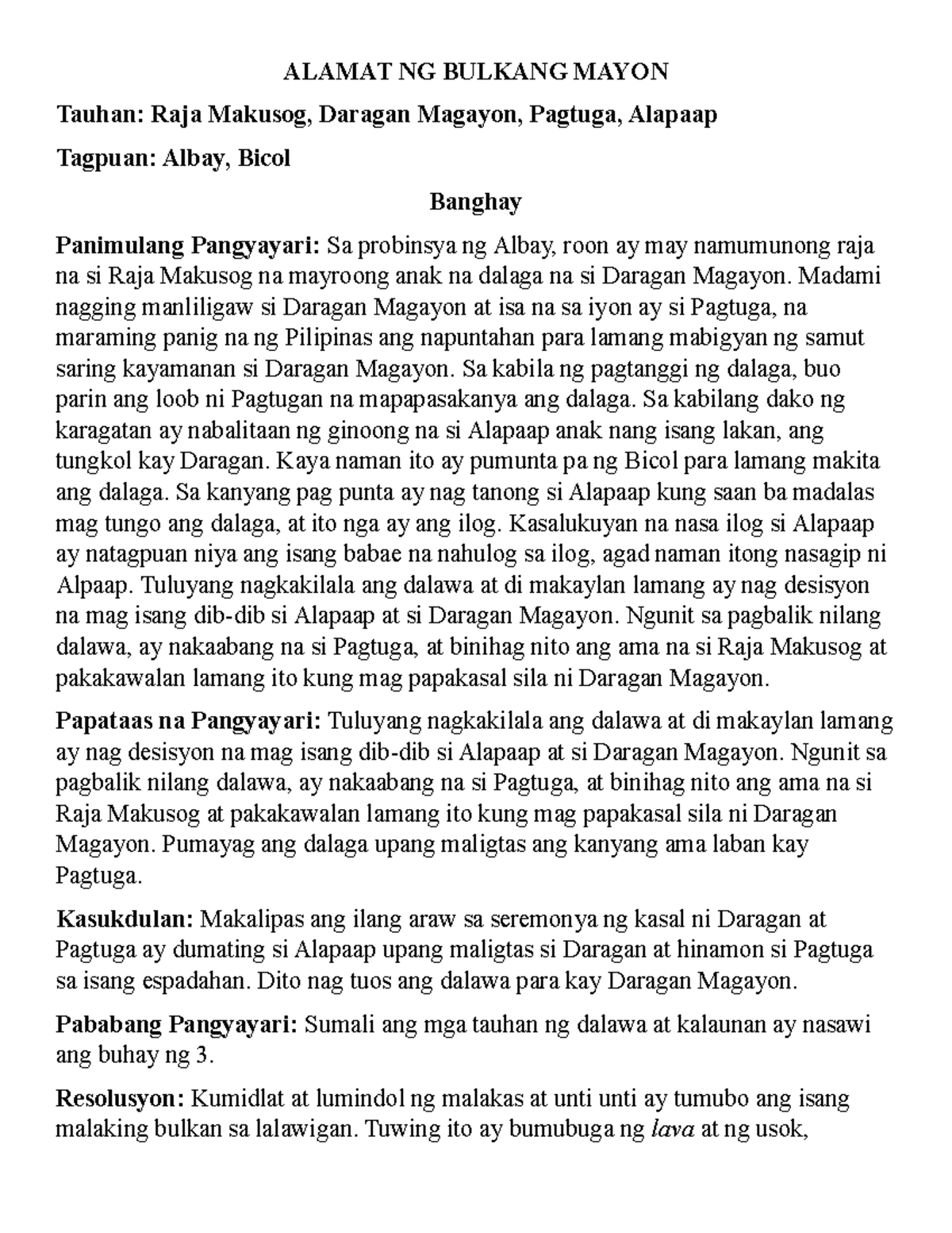 Alamat NG Bulkang Mayon ALAMAT NG BULKANG MAYON Tauhan Raja Makusog 