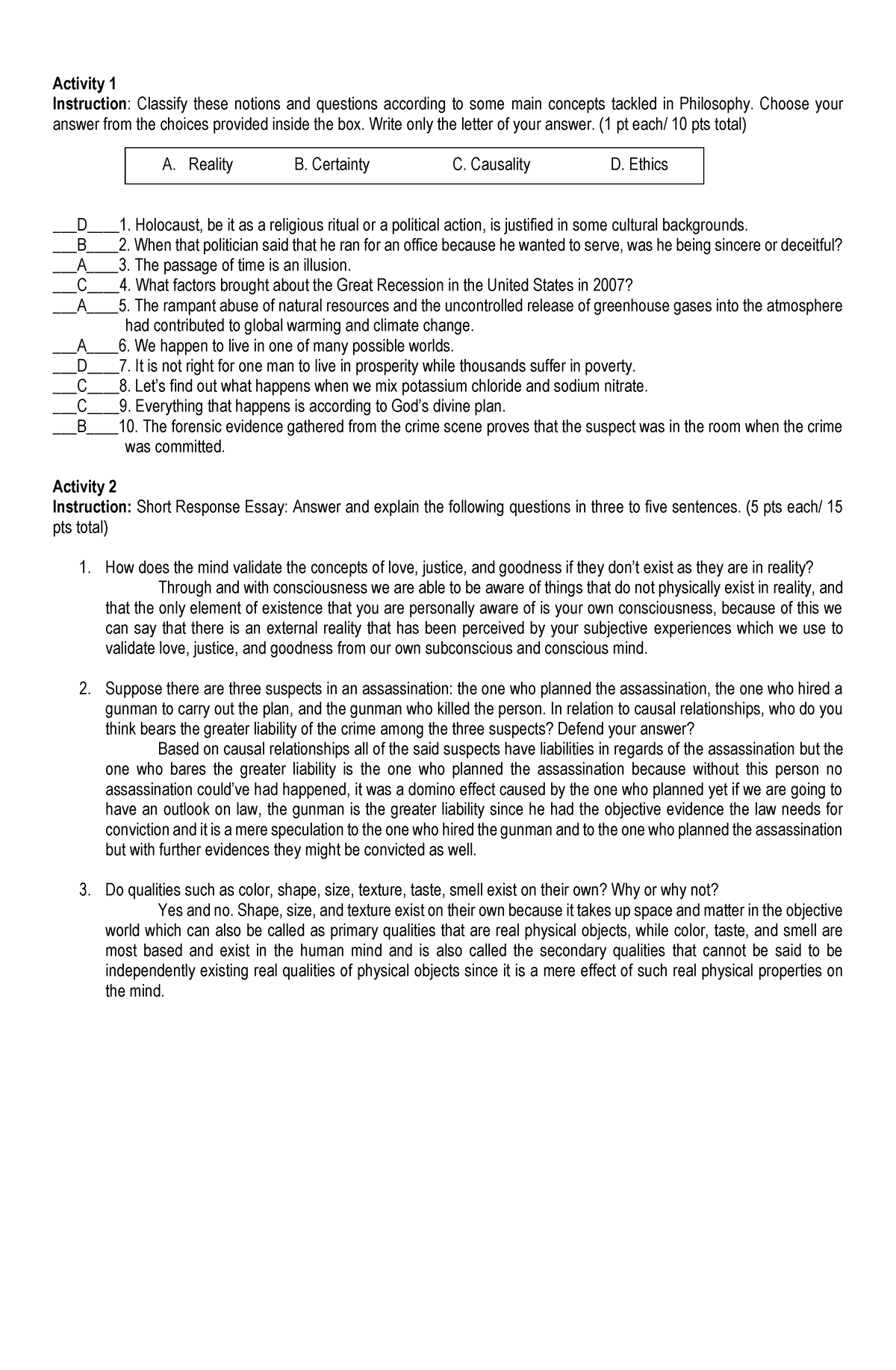 Common Questions in Philosophy - Activity 1 Instruction: Classify these ...