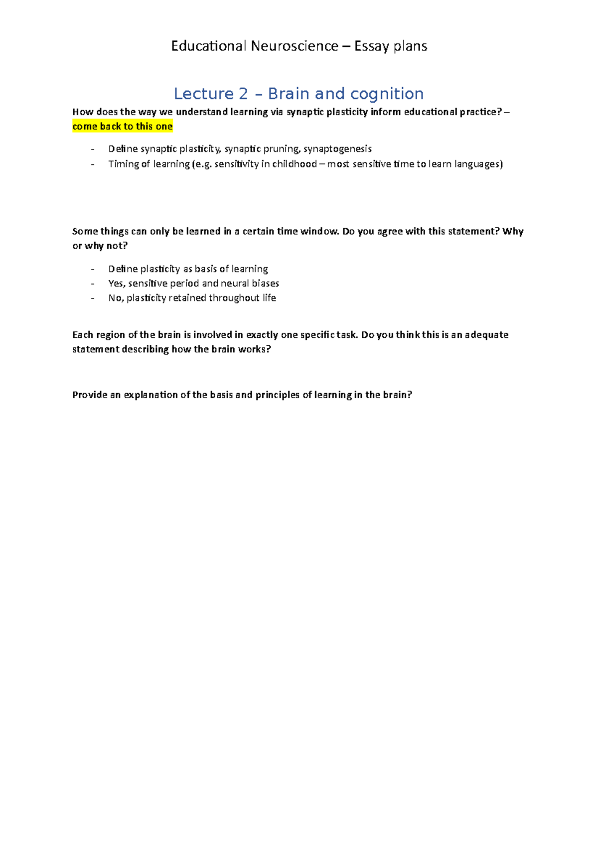 Essay Plans For Educational Neuroscience Exam Lecture 2 Brain And