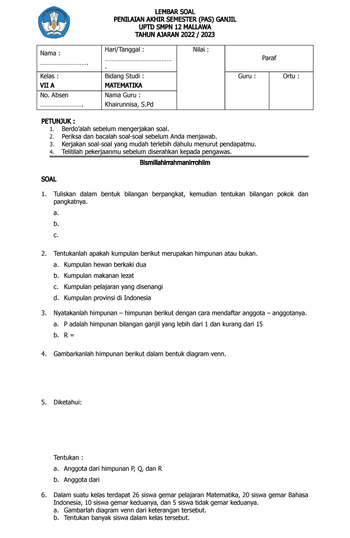 Soal Uas Mtk 22 Lembar Soal Penilaian Akhir Semester Pas Ganjil