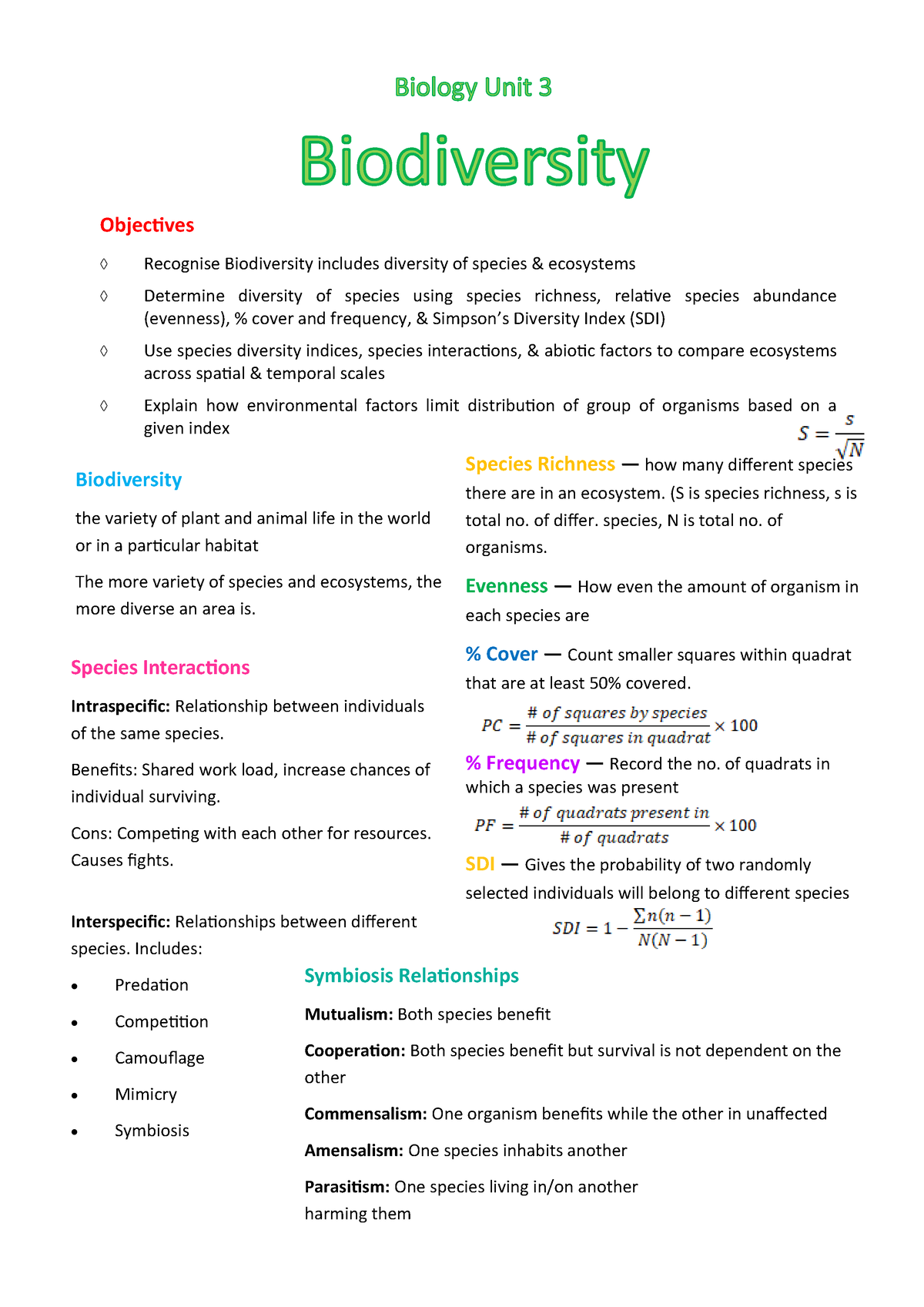 Bio Unit Summary Notes Recognise Biodiversity Includes Diversity Of Species Ecosystems