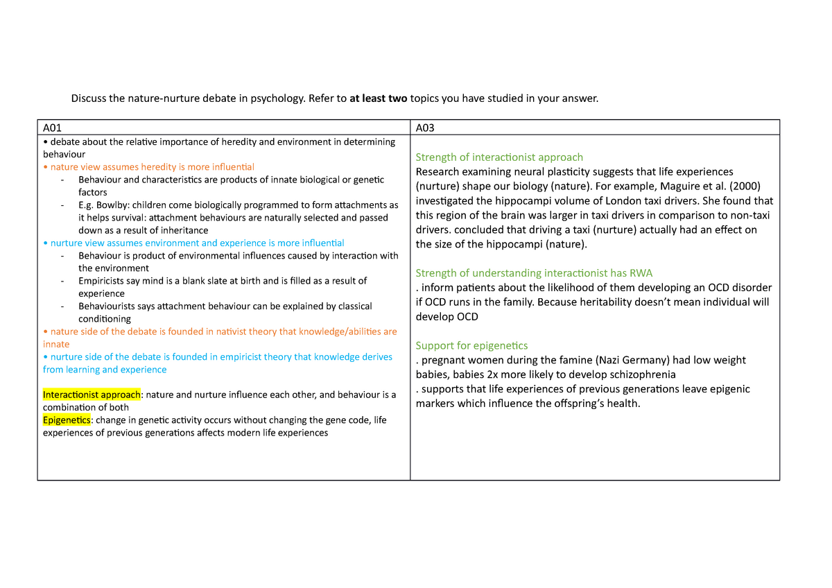 aqa a level psychology nature nurture debate essay