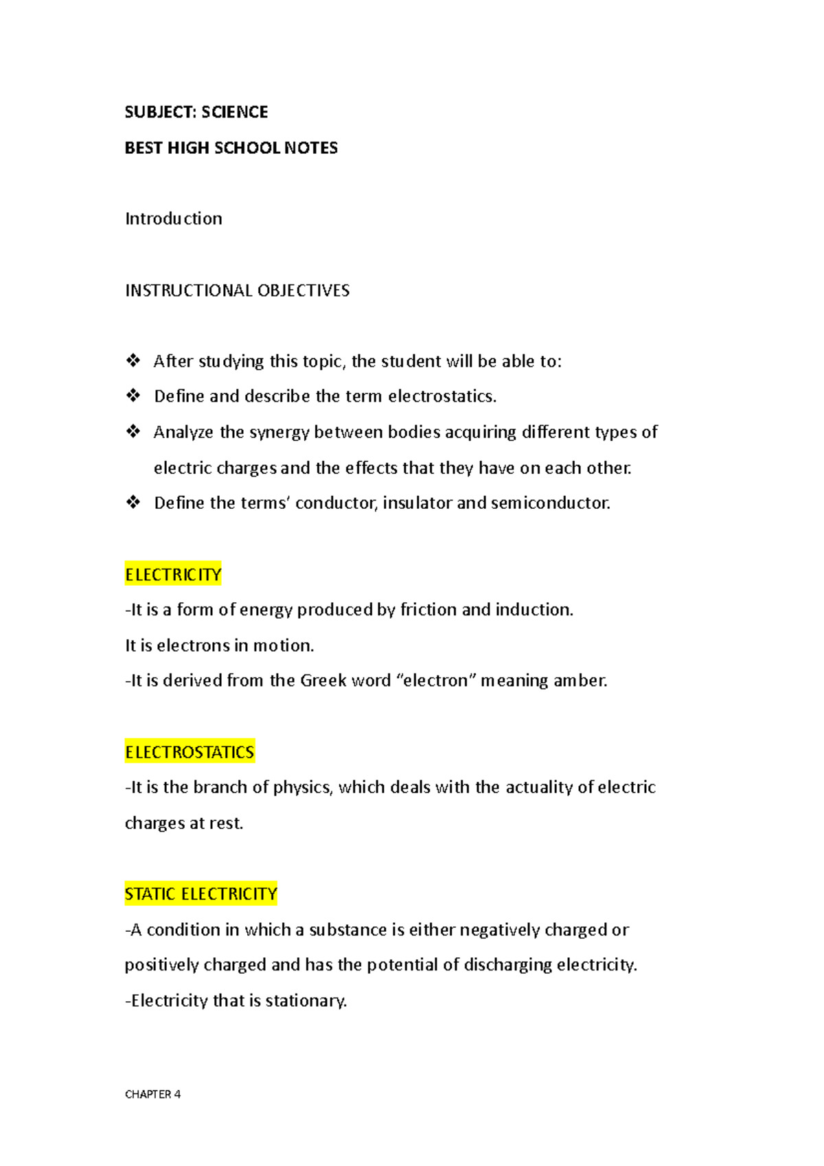 Science NOTE4 - SUBJECT: SCIENCE BEST HIGH SCHOOL NOTES Introduction ...
