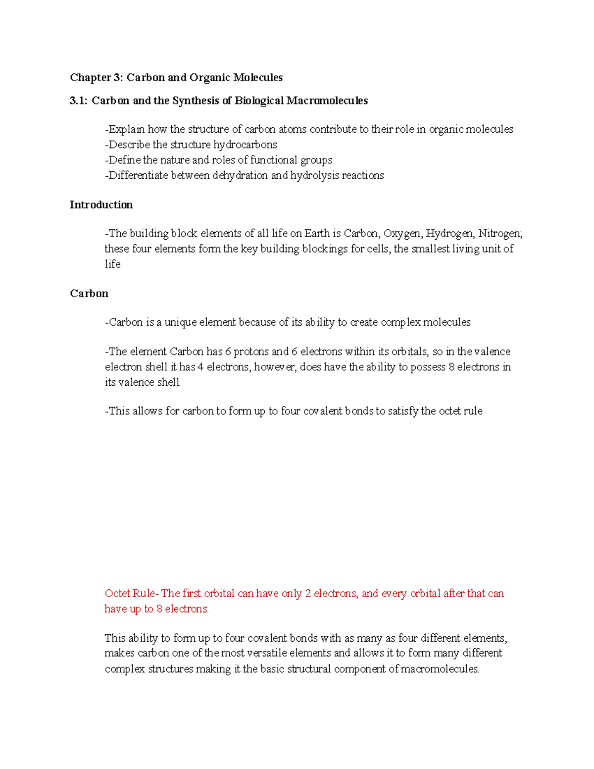 BIOL 151 Chapter 3 Study Guide - Chapter 3: Carbon and Organic ...