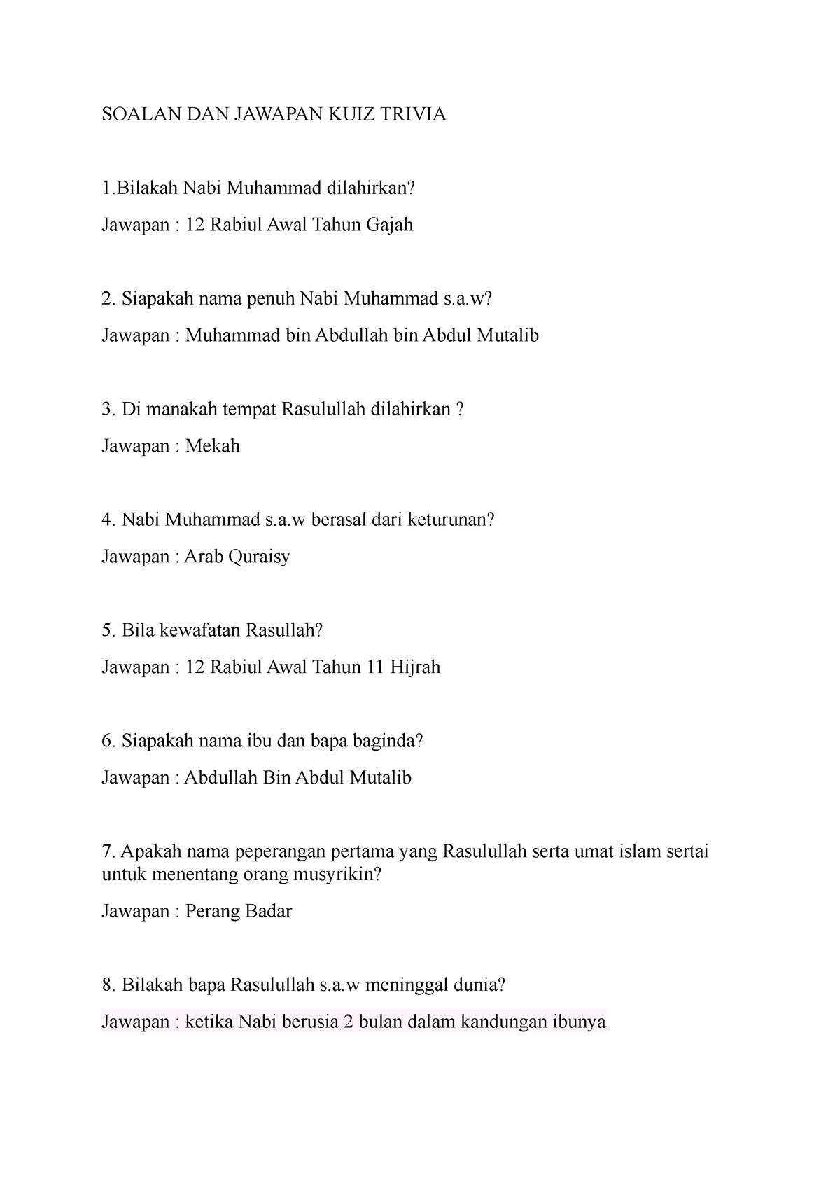 Soalan KUIZ Trivia MPK 2023 - SOALAN DAN JAWAPAN KUIZ TRIVIA 1 Nabi ...