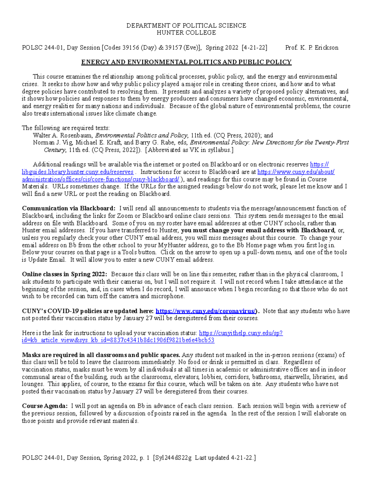 Syllabus 2022 - Professor K. P. Erickson - DEPARTMENT OF POLITICAL ...