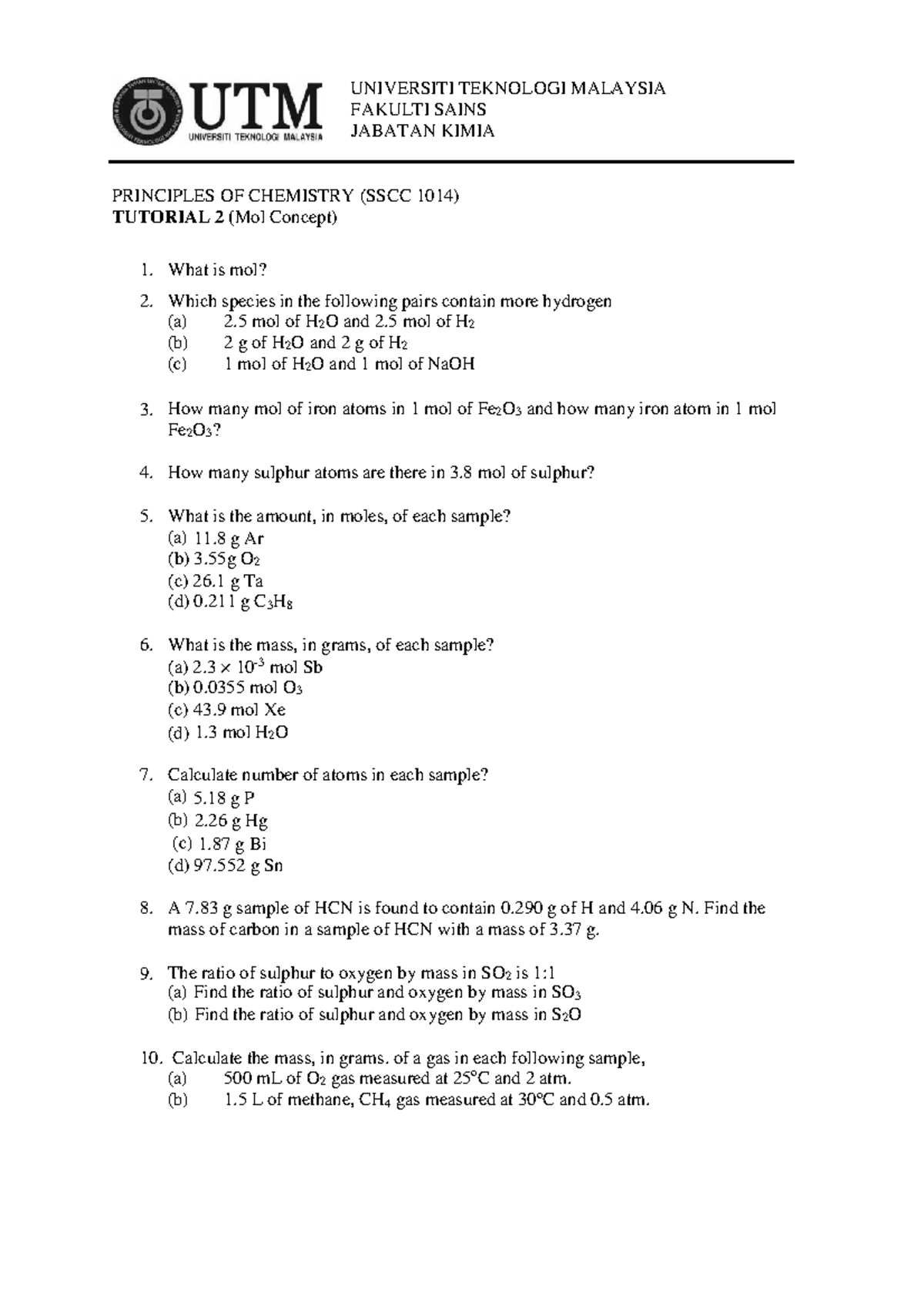 Tutorial 2 chemistry - UNIVERSITI TEKNOLOGI MALAYSIA FAKULTI SAINS ...