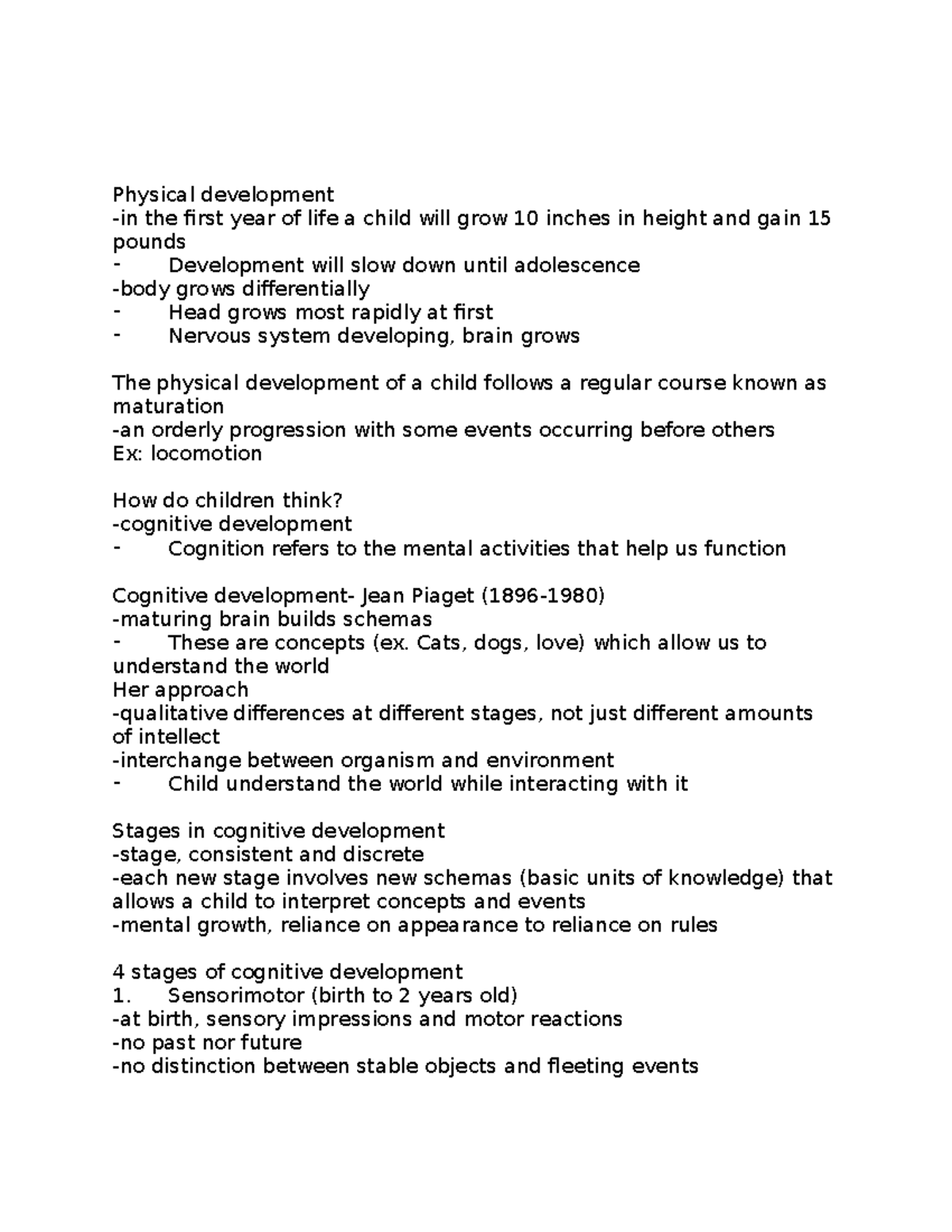 Physical development - intro to psy for Goldman exam notes - Physical ...