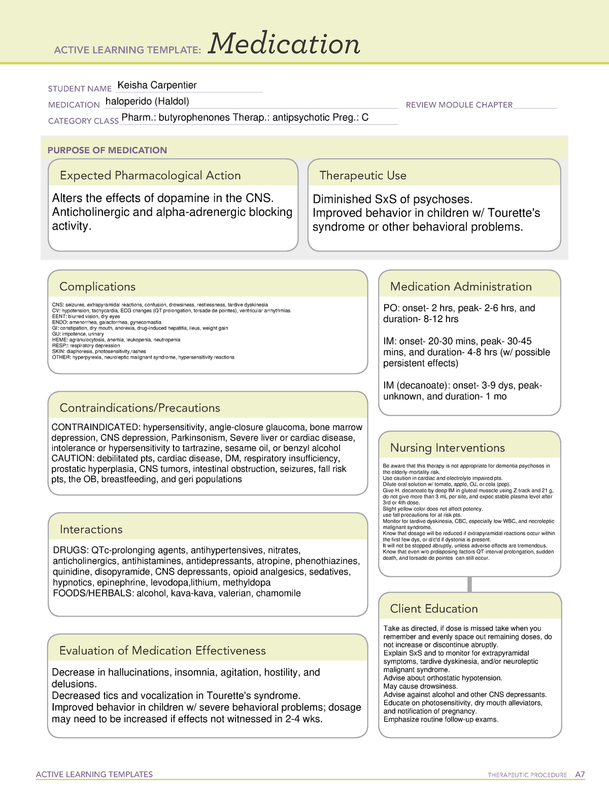 Haloperidol ACTIVE LEARNING TEMPLATES THERAPEUTIC PROCEDURE A