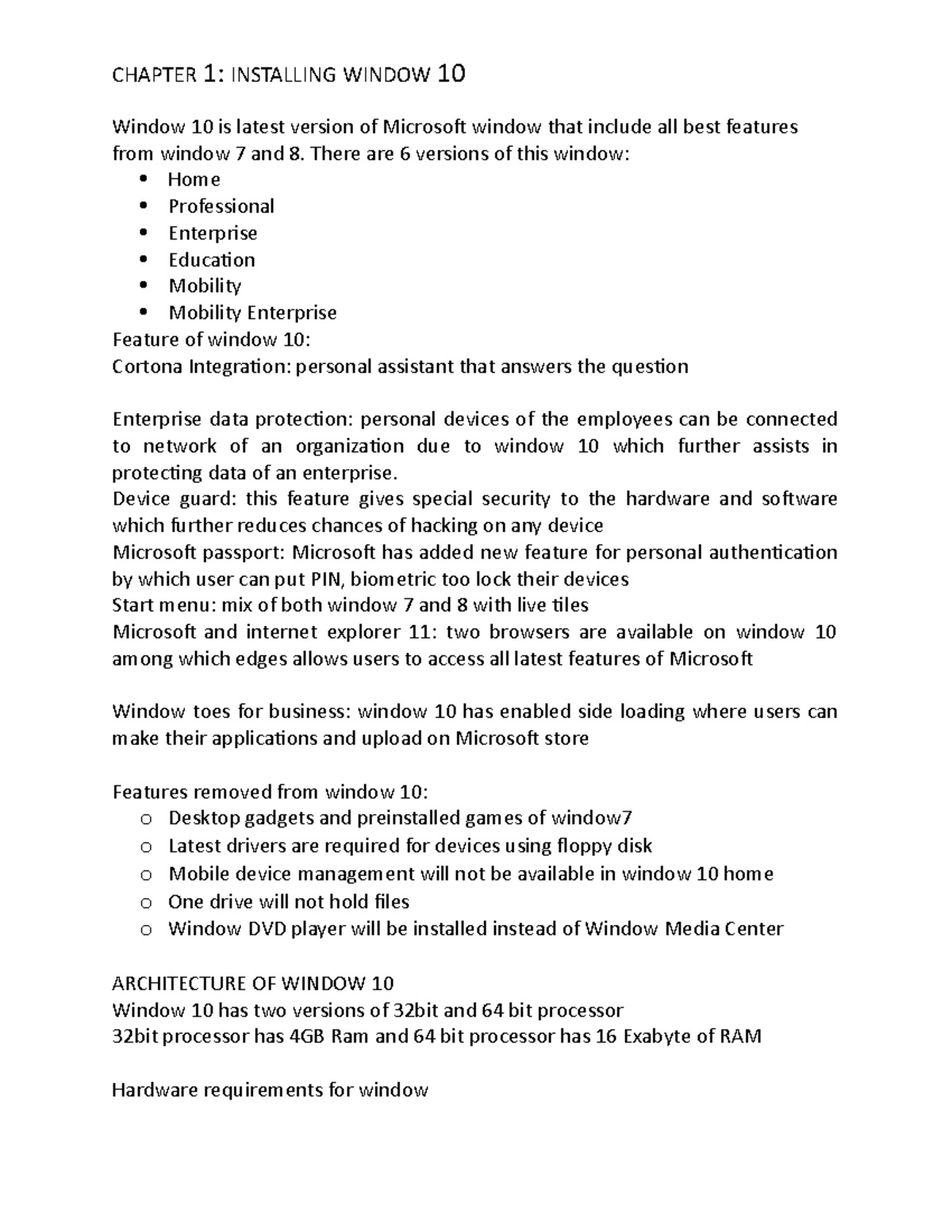 Notes operating system 1-5 - CHAPTER 1: INSTALLING WINDOW 10 Window 10 ...