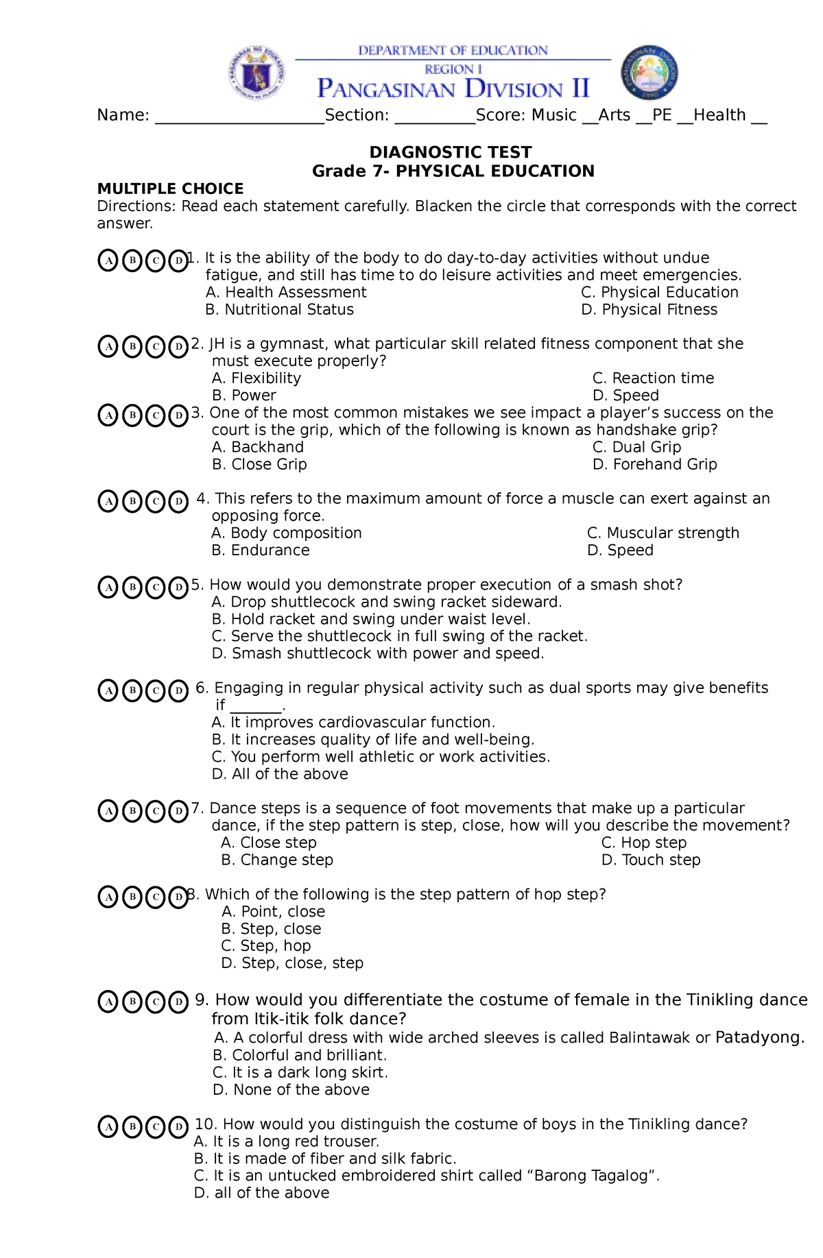 P.E Diagnostic - DATA - A B C D A B C D A B C D A B C D A B C D A B C D ...