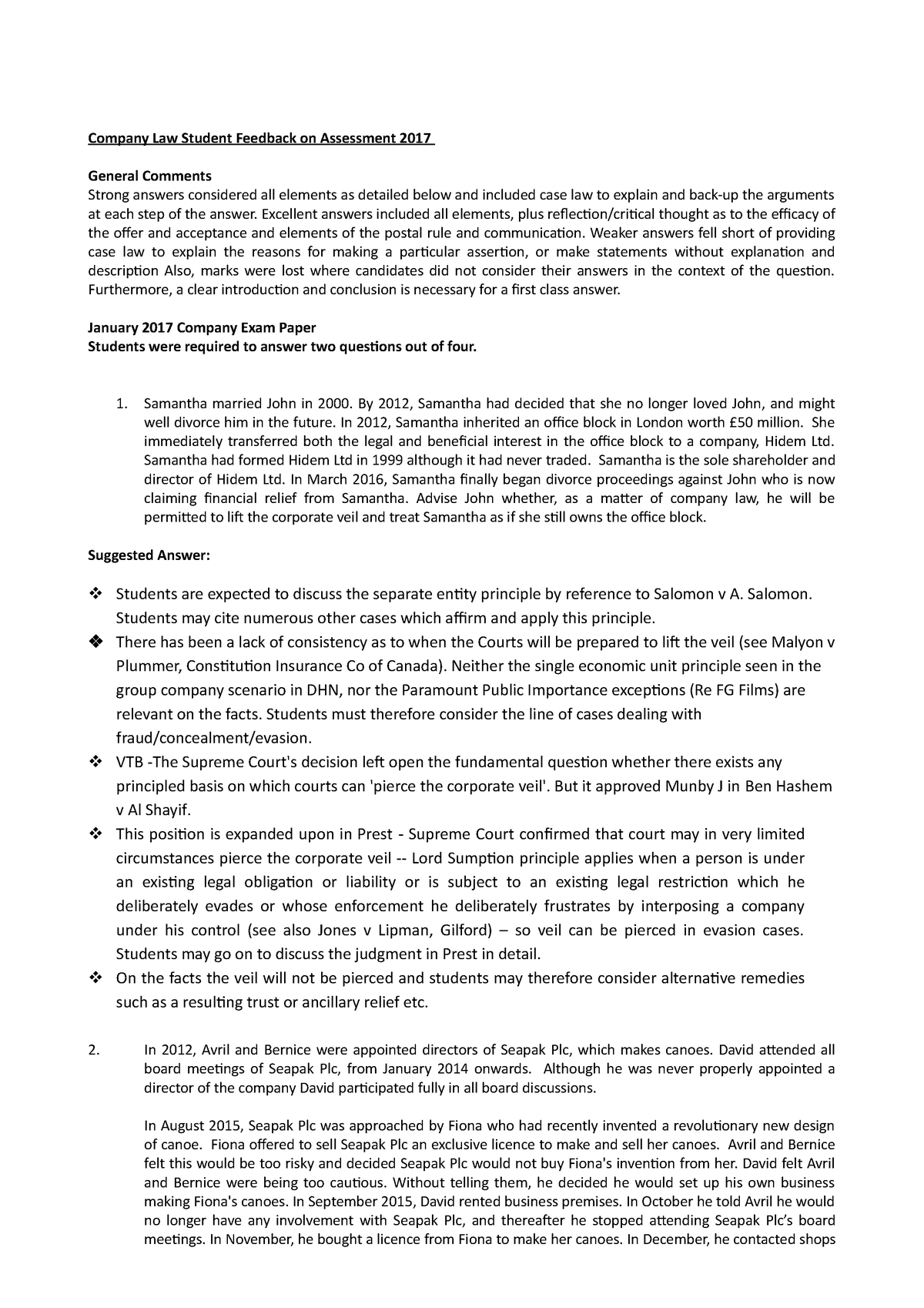 Company Law Student Feedback on Module and Assessment 2017 Version 3 ...