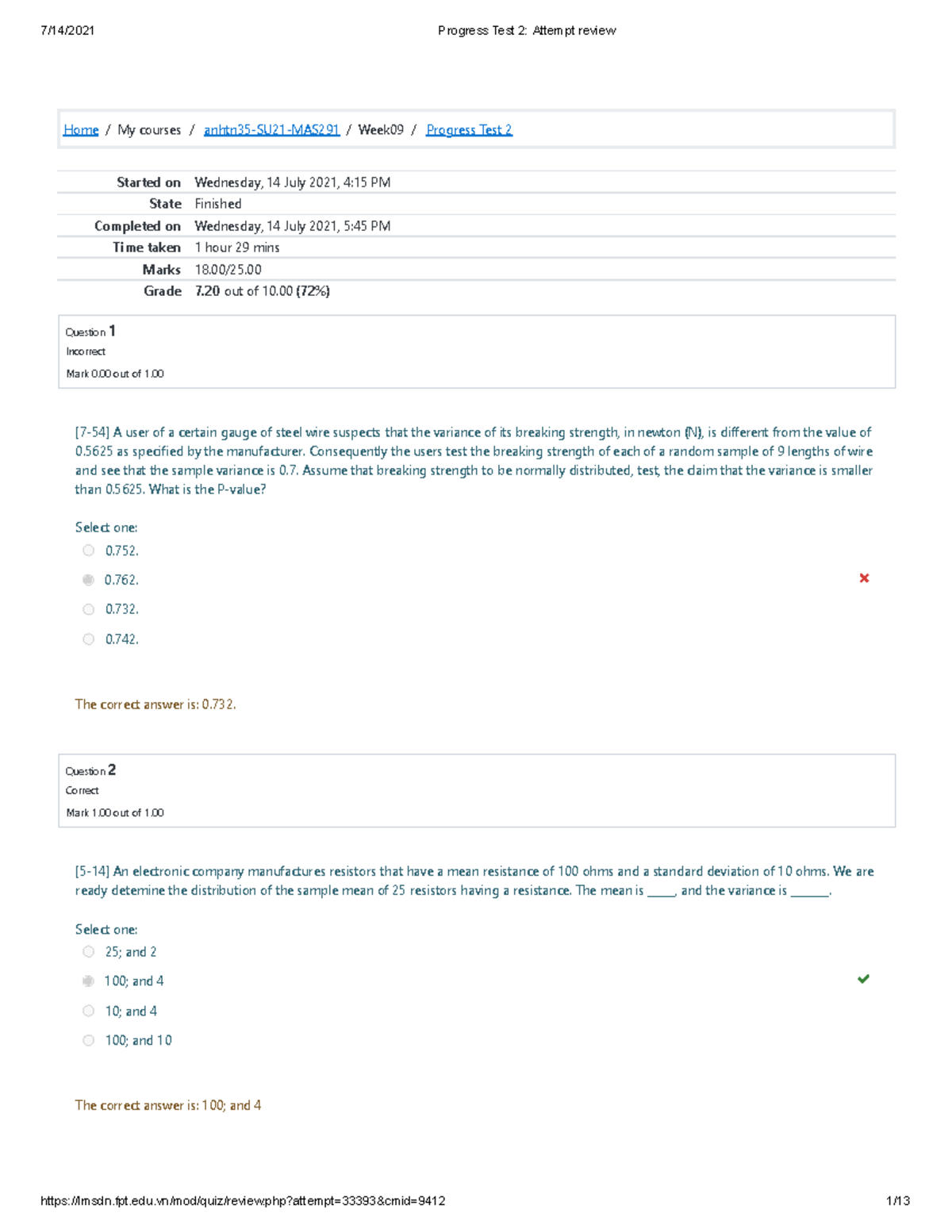 Progress Test 2 Attempt review - Home/My courses/ anhtn35-SU21-MAS291 ...