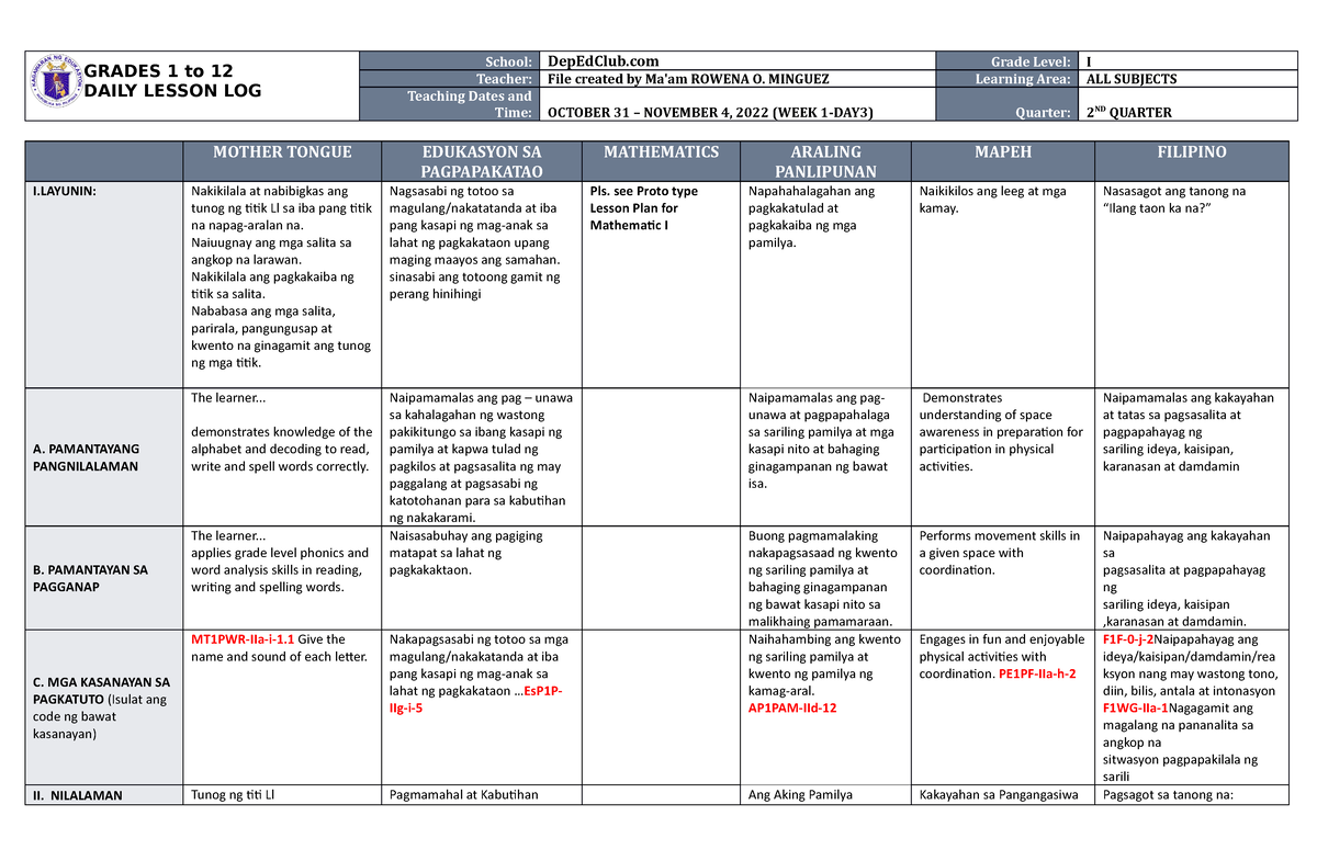 DLL ALL Subjects 1 Q2 W1 D3 - GRADES 1 To 12 DAILY LESSON LOG School ...