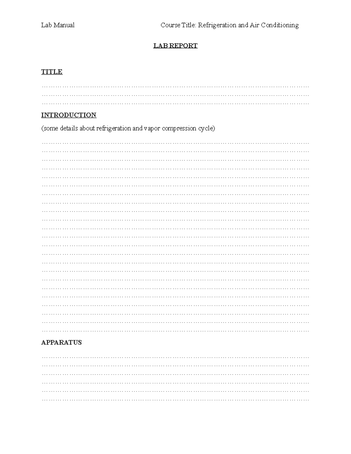 Lab report HMT and AC not available Lab Manual Course Title