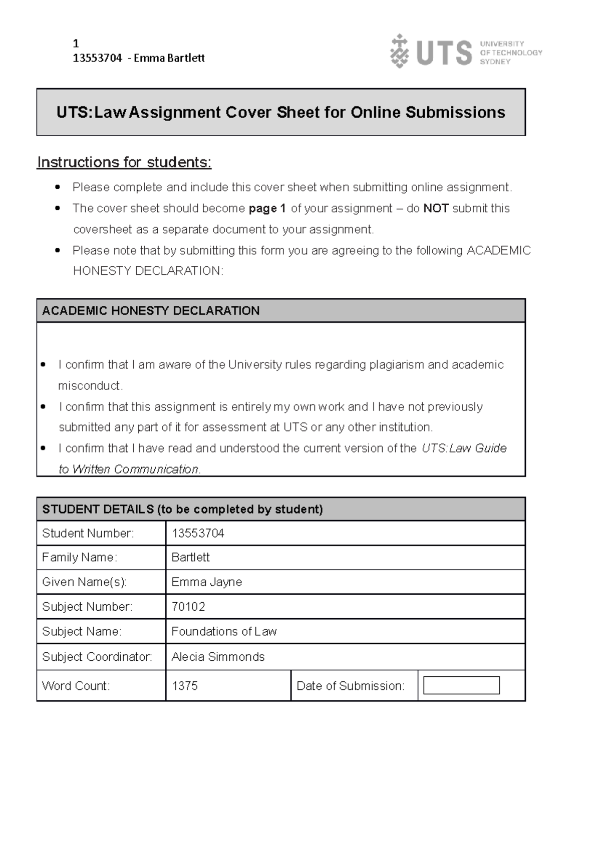Critical Case Note - 13553704 - Emma Bartlett UTS:Law Assignment Cover ...