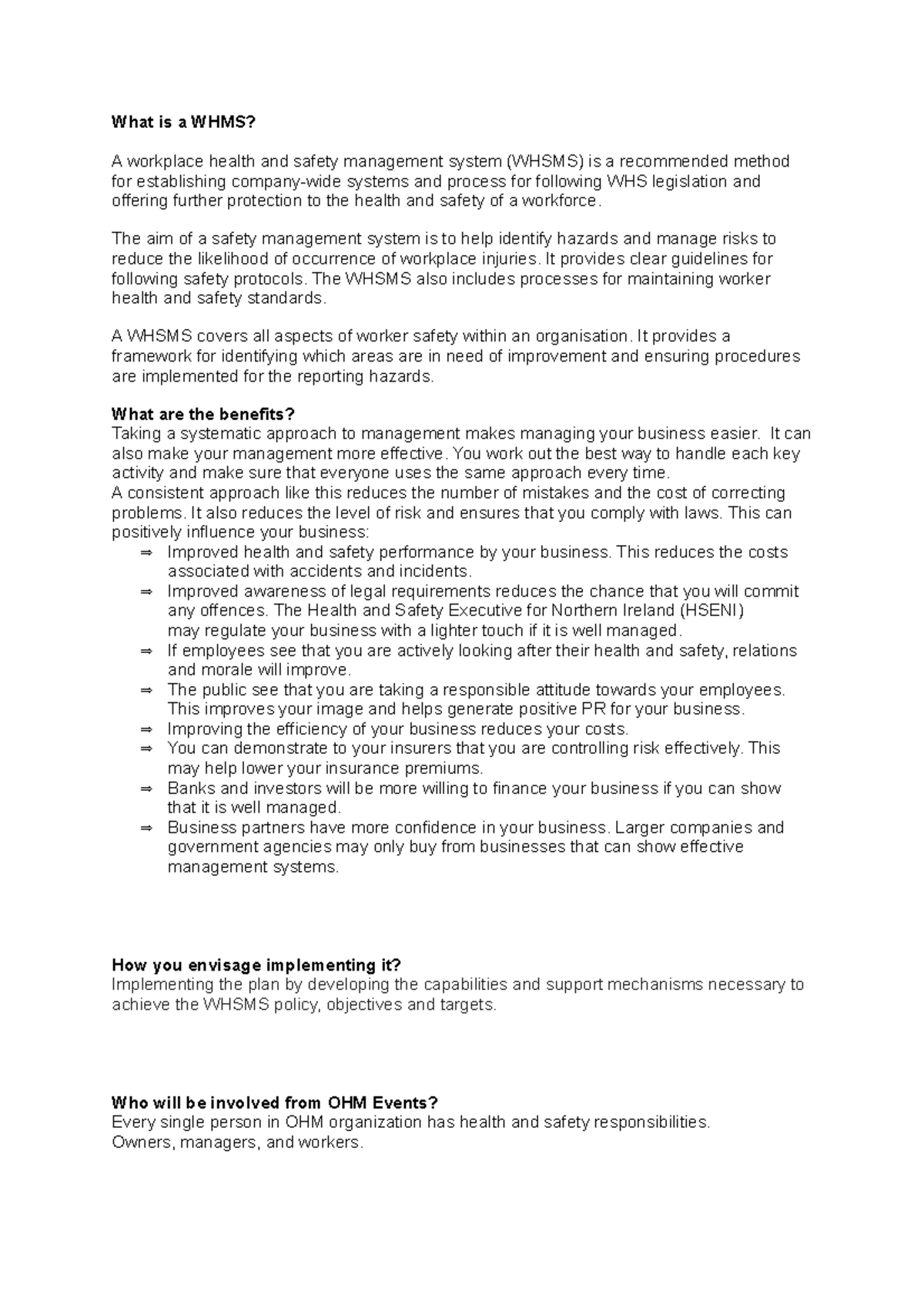 Proposal Whsms one - What is a WHMS? A workplace health and safety ...