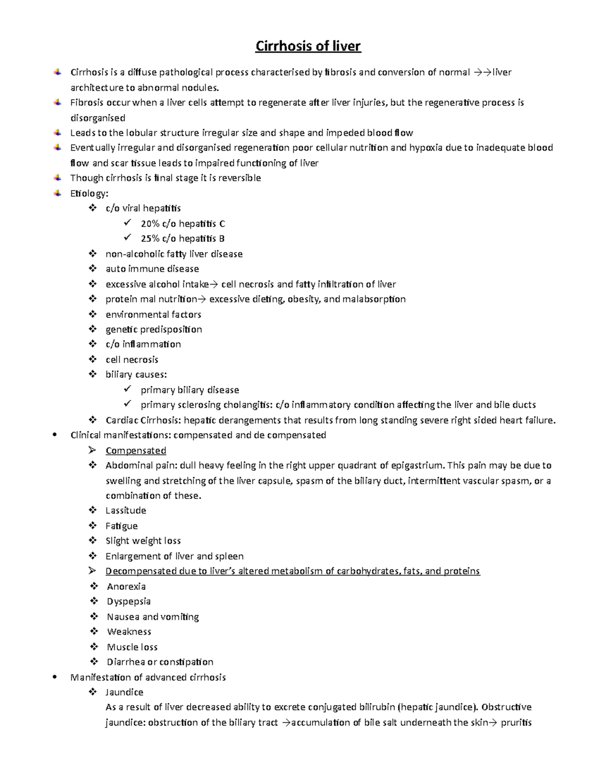 Cirosis - Lecture notes Week 12 - Cirrhosis of liver Cirrhosis is a ...